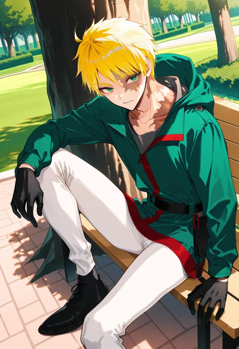 artist:gomzi,artist:wanke,artist:diyokama, rei_(sanbonzakura),[[artist:fuzichoco]],year 2024, 1boy, solo,
fugo dressel, blonde hair, short hair, green eyes, burn scar, scar across eye, scar on face, grey shirt, green jacket, hooded jacket, white pants, black gloves, black footwear, white pants,
park,
<lora:ntmf_majorcharacters.ilxl.v02:1>