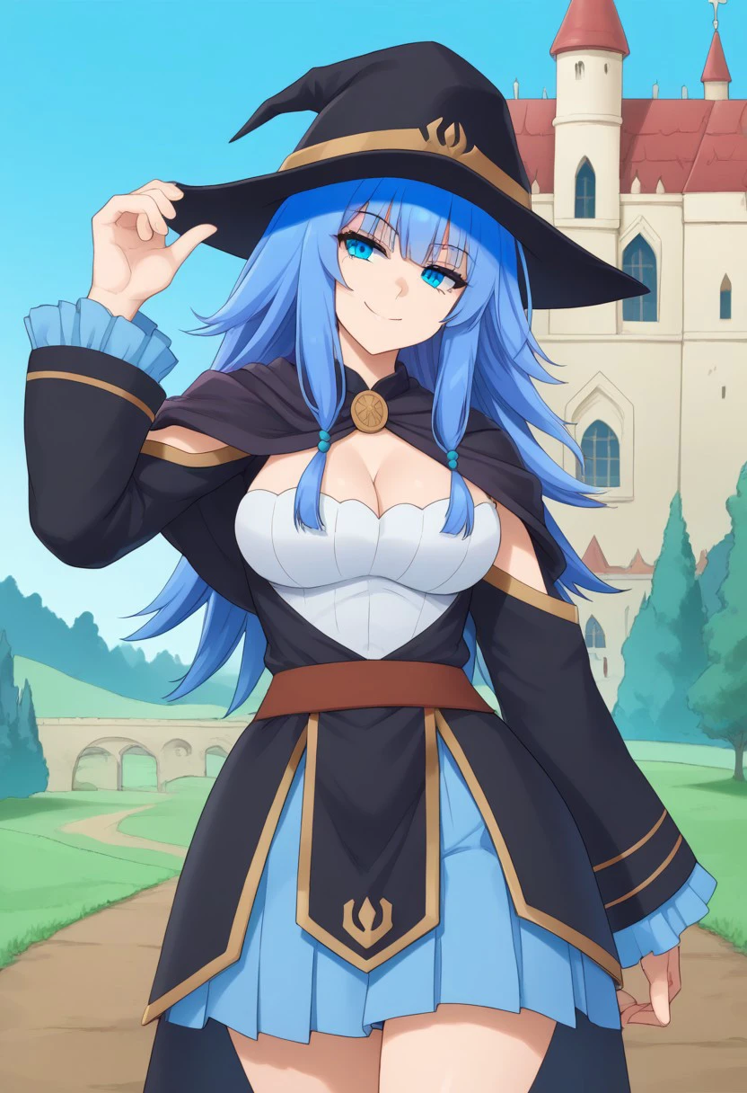 charlotte_wraith, blue eyes, blue hair, mage, black hat thick waist, thick thigh, seductive smile, head tilt, glistening, meadow, castle, sunny day, csr style, mammoth_metal_style