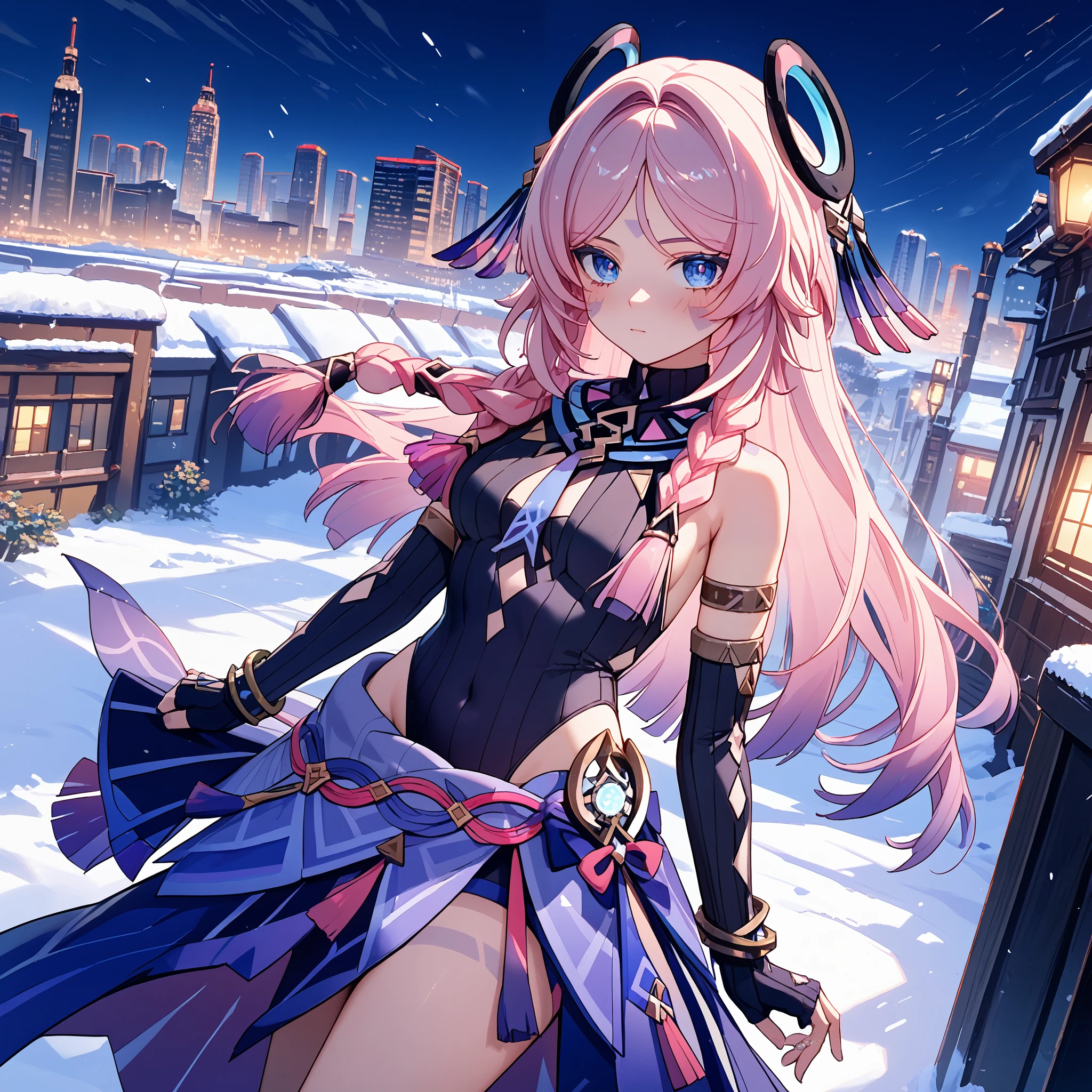 score_9, score_8_up, score_7_up, score_6_up, BREAK source_anime, look at viewer, 1girl, solo, city, winter, snow, night, blush, masterpiece, best quality, high detailed skin,  citlali \(genshin impact\), pink hair, long hair, twin braids, blue eyes, hair ornament, facial tattoo, headgear, black leotard, covered navel, waist cape, detached sleeves, partially fingerless gloves, bracelet,