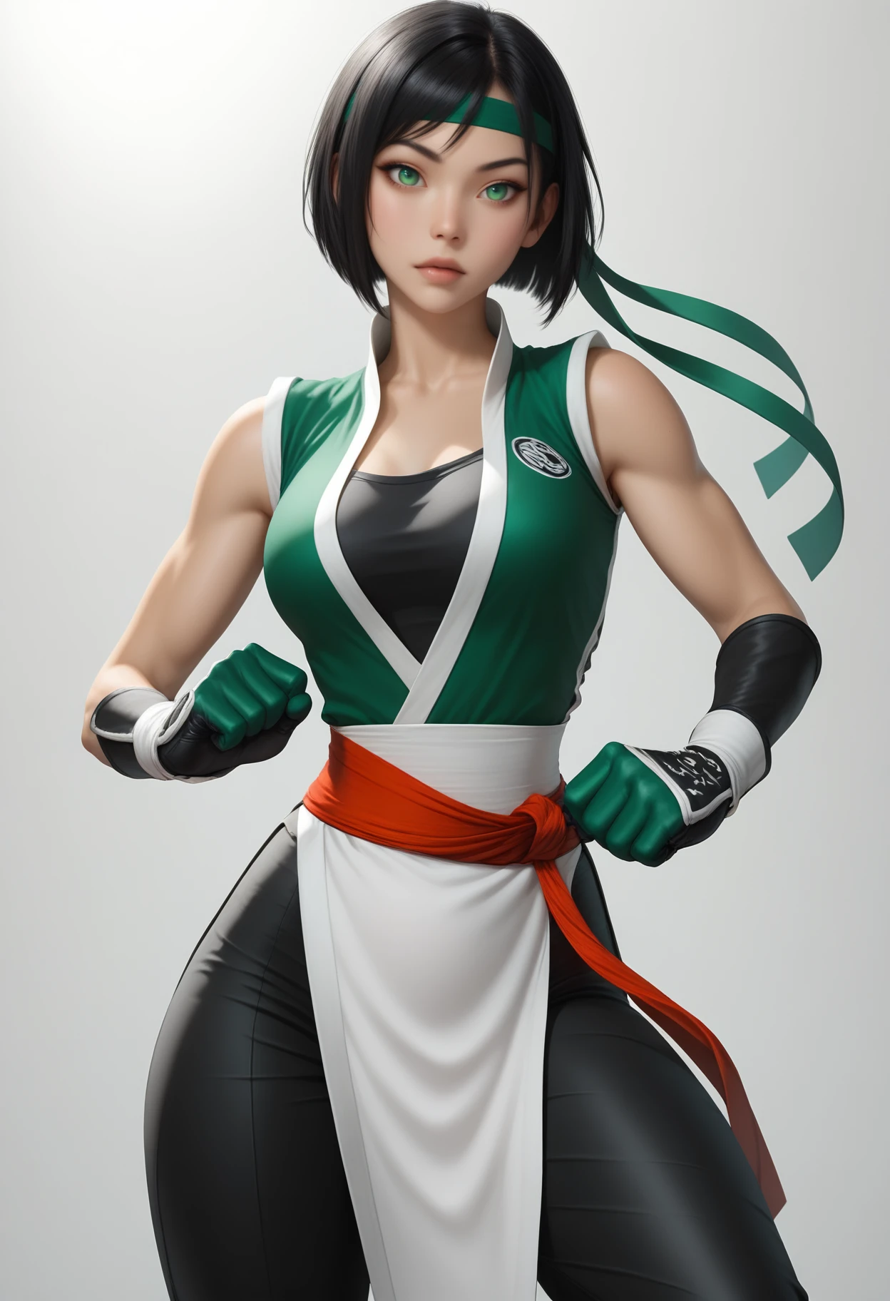 ((masterpiece, best quality, absurdres)),
1girl, solo, kung fu class, jade green sparring uniform, sparring gloves, tied headband,
<lora:Dark_Jade_Illust_v1:0.8> d4rkj4d3, black hair, green eyes,