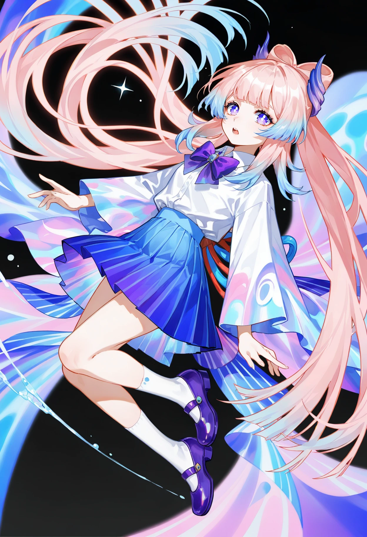 1girl, sangonomiya kokomi, genshin impact, 
alternate costume, full body, abstract, fusion of Fluid abstract art and glitch, glitch hair, iridescent hair, eye trail, glowing eyes, glowing streaks, light trail, pink eyes, blue skirt, multicolored clothes, skirt, bright pupils, mary janes, collared shirt, bowtie, purple theme, purple bow, pleated skirt, shoes, floating hair, blunt bangs, multicolored skirt, white shirt, sparkle, long hair, black background, white pupils, open mouth, gradient hair, colorful, long sleeves, blue hair, purple footwear, pink hair, white socks, purple bowtie, solo, sock, simple background, very long hair, shirt, wide sleeves, looking at viewer, bow-shaped hair, multicolored hair