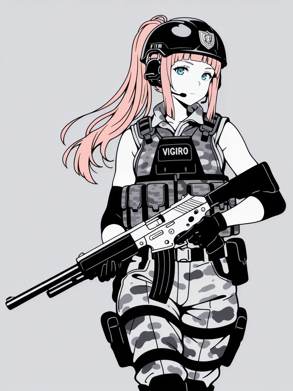 masterpiece, best quality,limited color palette,lineart, vector art,
,cowboy shot,sexy pose,looking at viewer,1girl,solo,
gloves, military, helmet, headset, camouflage, load bearing vest, millitary vest,wearing epTactical,boots,
<lora:edgTacticalILS-000004:1>
<lora:felicia-fe-richy-v1_ixl:1> f1cdf, blue eyes, pink hair, long hair, ponytail, sidelocks, blunt bangs,
firearm,desert eagle,holding weapon,