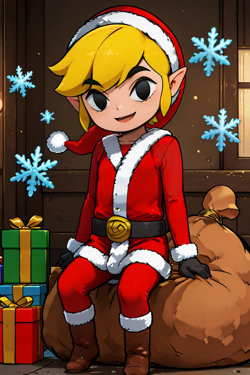 masterpiece, best quality,   zzSantaLink, 1boy, solo,  Santa Link, smile, gloves, hat, black eyes, christmas, gift, santa costume, sack, snowflakes, open mouth, sitting, boots, alternate costume, black gloves, belt, box, gift box,  smile, looking at viewer,   <lora:SantaLinkIXL_v2:1.0>,