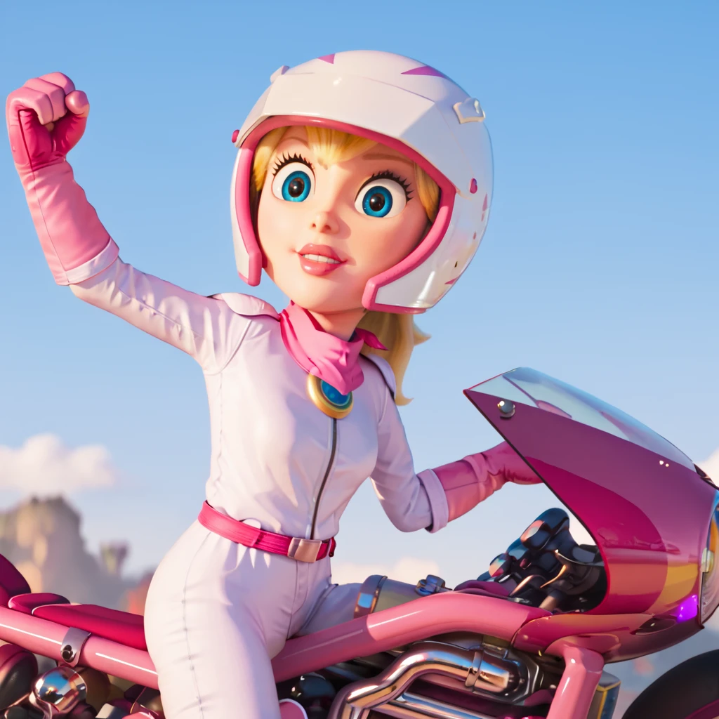 <lora:peachmovie_pony_v1:.8>PeachMotorcycleHelmet, 1girl, blonde hair, helmet, pink gloves, blue eyes, bodysuit, raised fist, lips, belt, cowboy shot