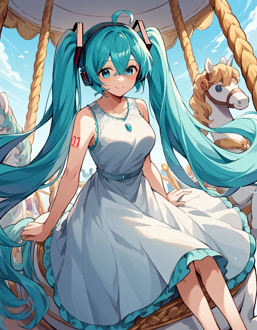 score_9, score_8_up, score_7_up, source_anime, <lora:miku-hatsune-ponyxl-lora-nochekaiser:1>, miku hatsune, ahoge, aqua eyes, aqua hair, crossed bangs, hair between eyes, hair ornament, headphones, long hair, twintails, mature female, medium breasts,, <lora:carousel-ponyxl-lora-nochekaiser:1>, carousel, sitting, riding,, blush, smile, casual dress, solo,,