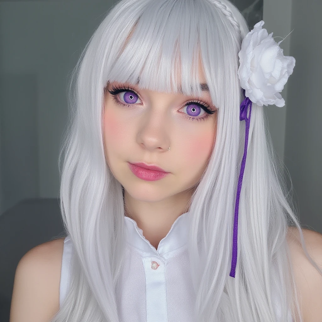 RealEmiliaFlux, purple eye, white hair, <lora:RealEmiliaFlux:1>