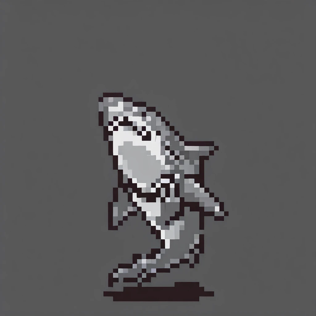 <lora:Illustrious - SNES Earthbound Enemies - 1994 - Epoch 8:1> earthbound_enemy, neutral grey background, pixelart, grey background, solo, drop shadow, shark, great white shark