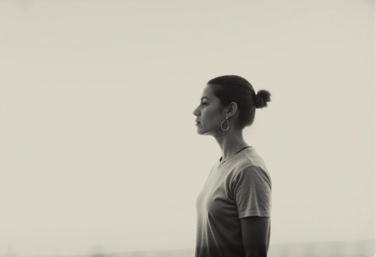 an aesthetic, minimalist depiction of a female profile in side view. she wears a t-shirt. The focus is on the soft contours and calm, monochromatic tones. The scene feels mystical and dreamy, almost as if viewed through a delicate mist, with gentle light accentuating the silhouette. The background is diffuse and creamy white, drawing attention to the elegant simplicity of the figure.