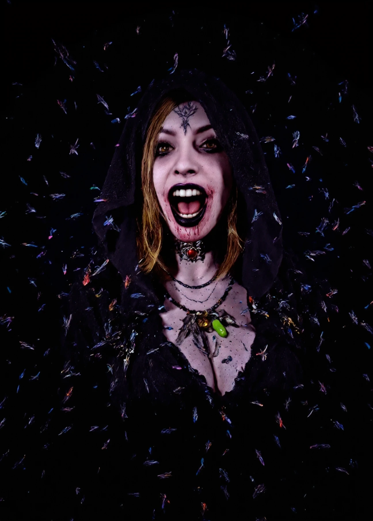 Vibrant Colorful, Realistic, analog photo, very detailed, photorealistic, 4k, photo of Bela Dimitrescu standing posing in a swarm of flies, she has yellow eyes, she has pale grey skin, she has blonde hair, she has black lips, ruined black eye shadow, she has a tattoo on her forehead, eye lashes, she is wearing a choker with a red gem, she is wearing a necklace with trinkets, snarling, vampire teeth, she is wearing a black Gothic dress, she has blood on her mouth, she is hooded. lifelike silhouetted outline against a dark background with her face coming out of the shadows, rainbow colours, a female with just her face iluminate, Realistic analog photo, atmospheric lighting, volumetric lighting, cinematic, Epic Film Quality, n30nfilm
