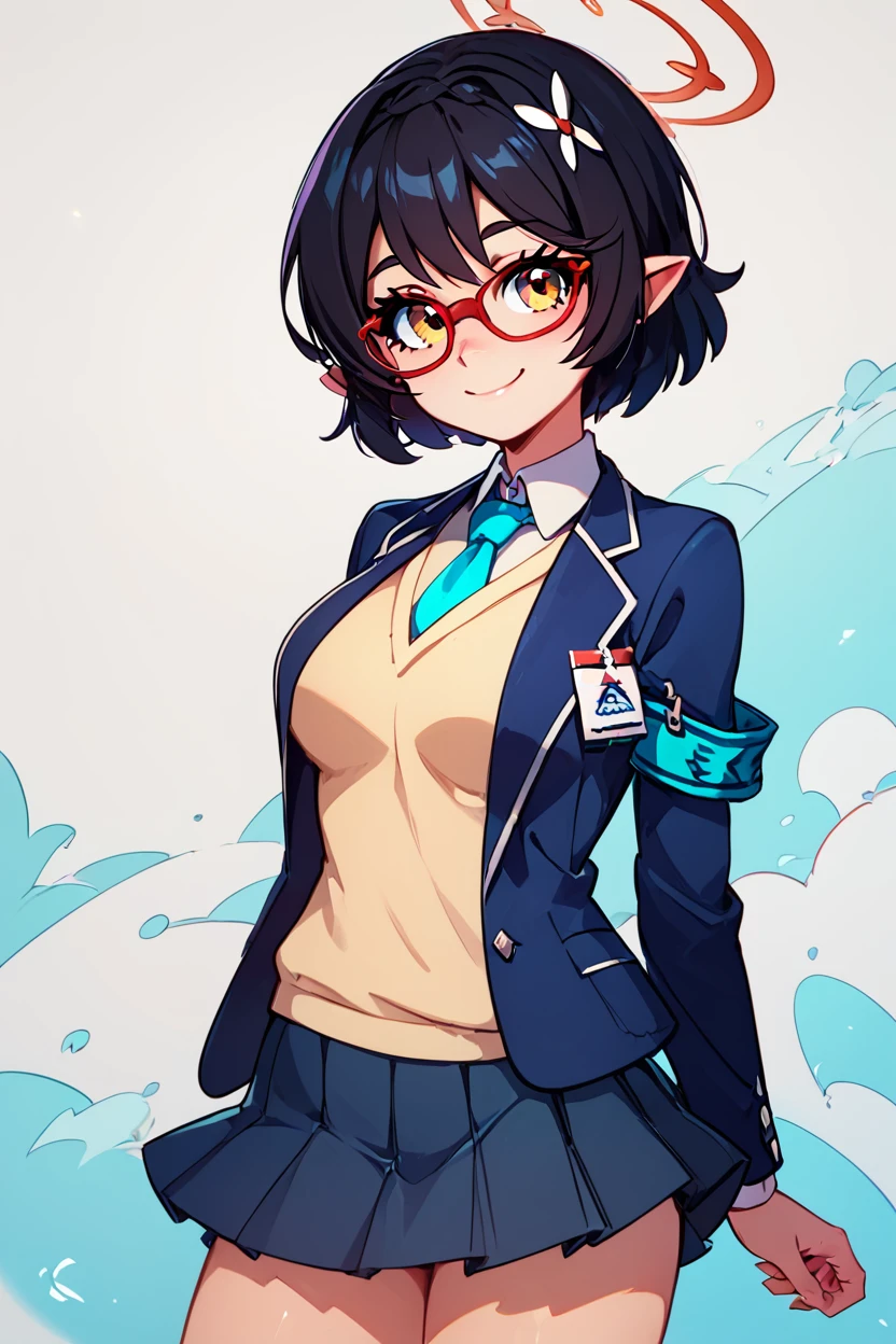 score_9, score_8_up, score_8, medium breasts, (curvy), cute, eyelashes,       ,,, , zzAyane, yellow eyes, black hair, short hair, glasses, halo school uniform, blue necktie, white shirt, blazer, sweater vest, skirt,   <lora:AyaneBluearchiveIXL:1.0>, , BREAK, <lora:GoldenCAT_Lora_PDXL_v2:0.8>, smile, closed mouth, looking at viewer, cowboy shot, ,,, embedding:zPDXL, Expressiveh, ,,, <lora:Expressive_H-000001:0.4>,