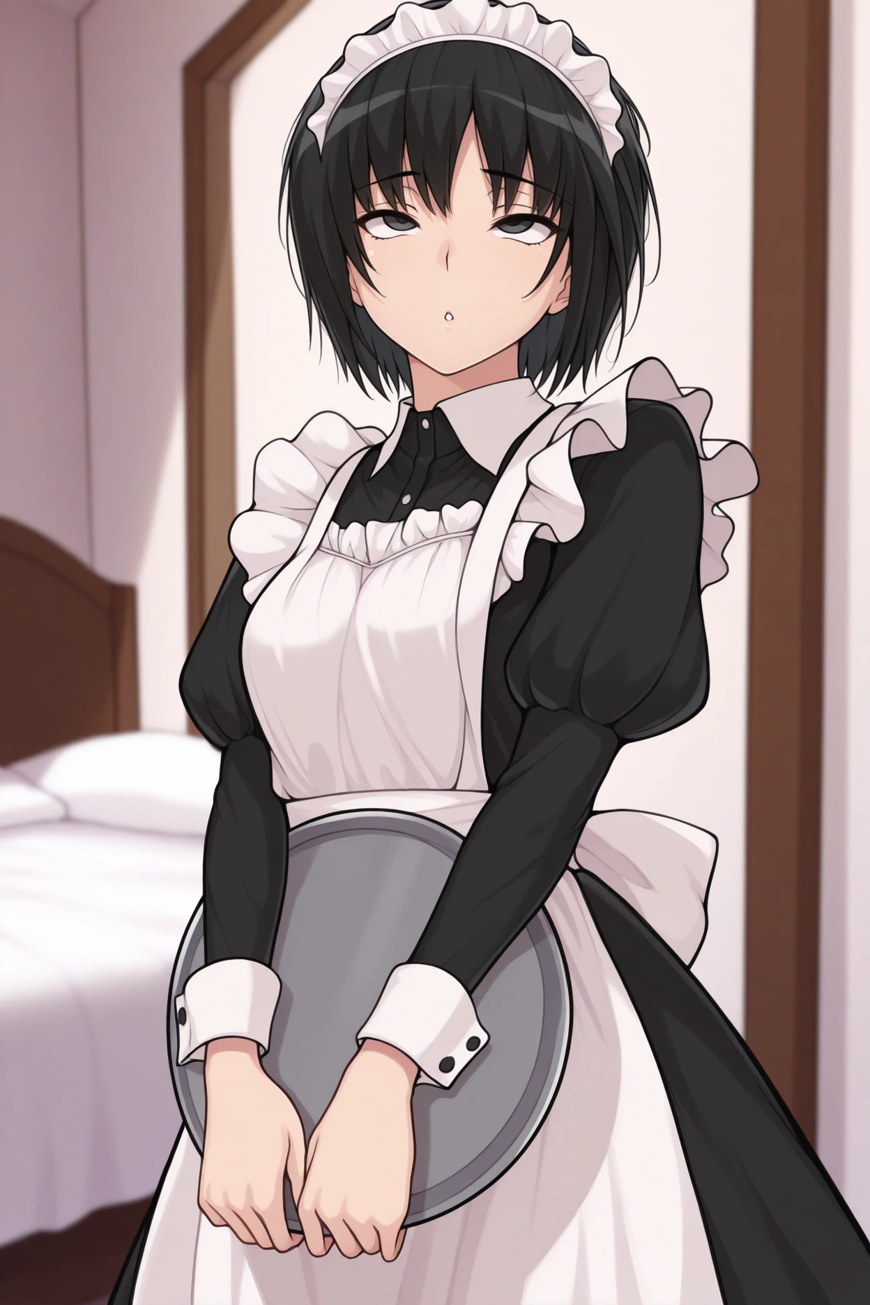 masterpiece, best quality, 1girl, solo, <lora:nanasakiai-illu-nvwls-v1-000005:1> amagamiai, black hair, short hair, black eyes, maid headdress, black dress, maid dress, apron, looking at viewer, holding tray, rolling eyes, bedroom, looking at viewer