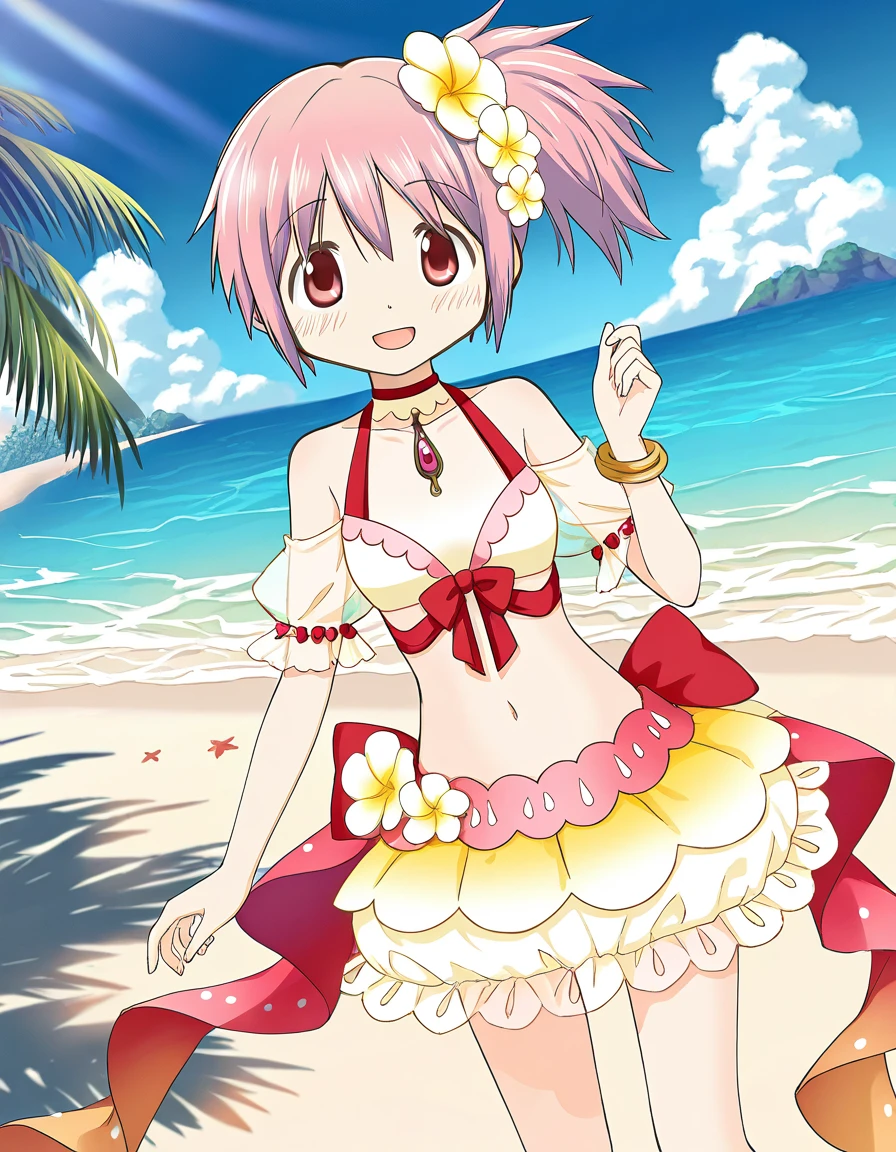 masterpiece, best quality, newest, absurdres, highres, safe, 1girl, kaname madoka \(swimsuit ver.\), magia record: mahou shoujo madoka magica gaiden, solo, beach, dutch angle, <lora:20241222214529_kaname_madoka_noobaiXLNAIXL_vPred10Version:0.7>