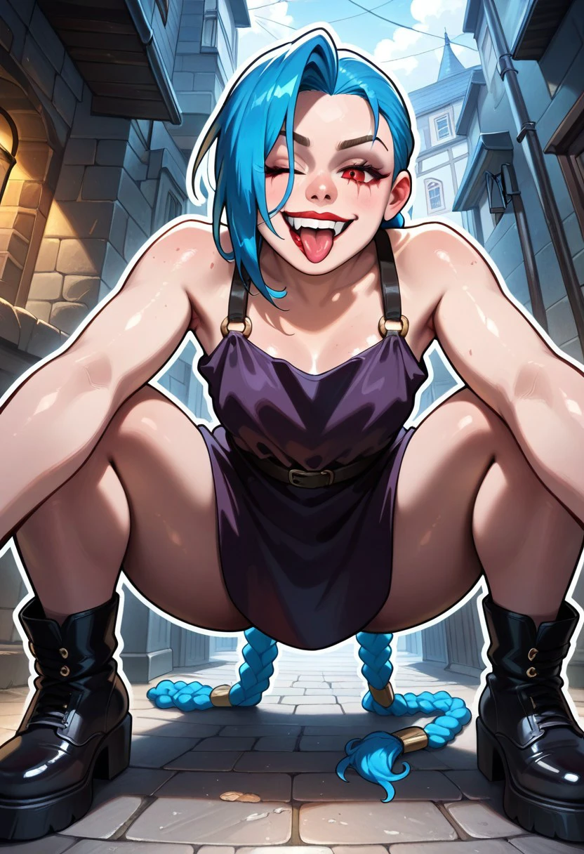 detailed, great quality, 
cartoon,, melkor mancin,,
 curvy,,
realistic skin, 
, love handles, red lips, fat lips,,
white outline of the character,
jinx, jinx (lol), 
in dark alley, 
crazy smile, 
looking at viewer, crouching over the viewer, looking down at viewer, 1 eye closed, tongue aut, smile, 
a dark dirty alley in a medieval town,