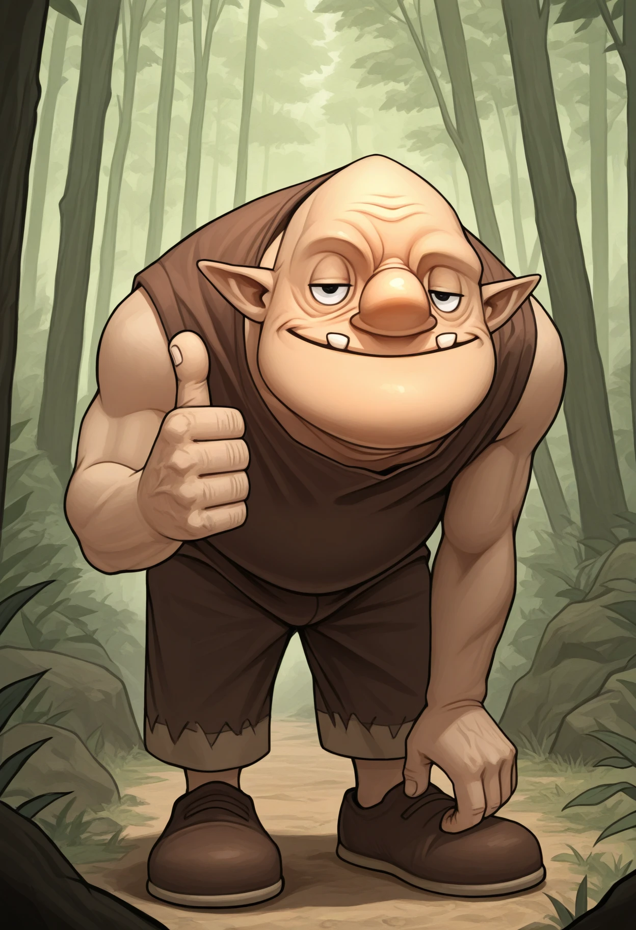 masterpiece, best quality, 1boy, standing, looking at viewer, smile, dampe, thumbs up, bald, big nose, pointy ears, half-closed eyes, black eyes, teeth, hunched over, brown shirt, sleeveless shirt, brown shorts, forest, day, shoes, brown footwear <lora:DampeLoZ-illu-000013:1>