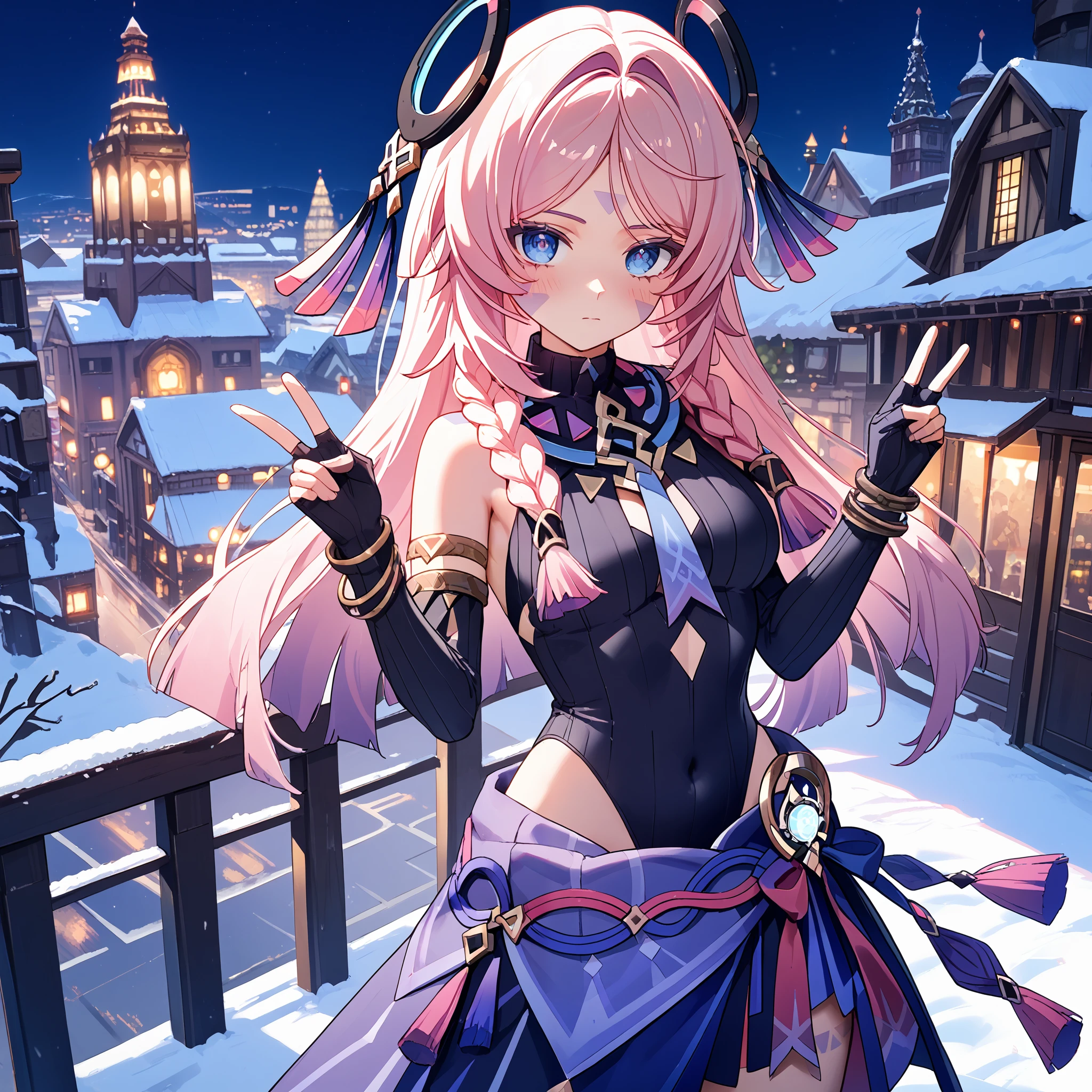 score_9, score_8_up, score_7_up, score_6_up, BREAK source_anime, look at viewer, 1girl, solo, city, winter, snow, night, double v, blush, depth of field, masterpiece, best quality, high detailed skin,  citlali \(genshin impact\), pink hair, long hair, twin braids, blue eyes, hair ornament, facial tattoo, headgear, black leotard, covered navel, waist cape, detached sleeves, partially fingerless gloves, bracelet,