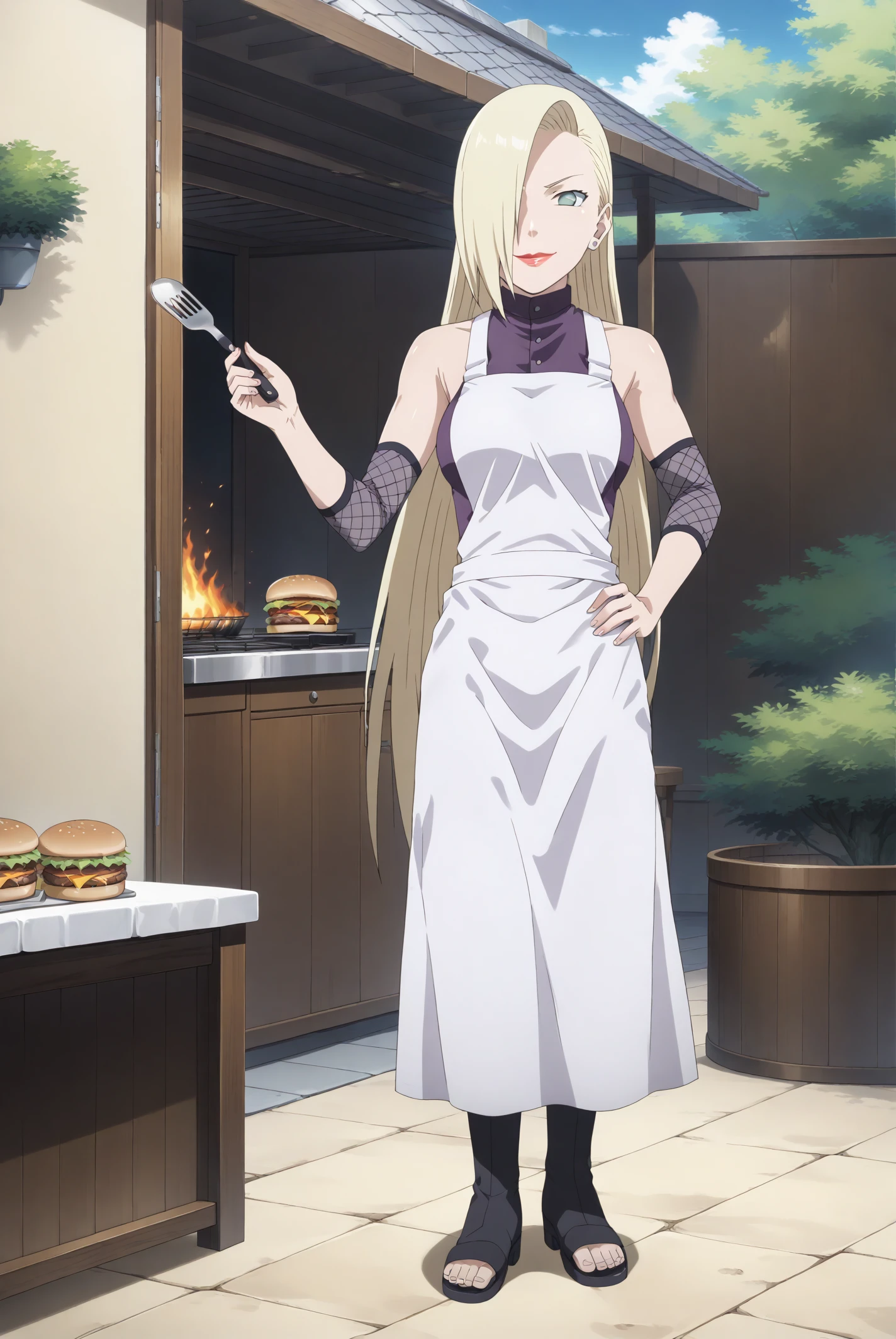 score 9, score 8 up, score 7 up, high res image, masterpiece, best quality, source anime, intricate details, anime screencap, official style, solo, 1girl, ino yamanaka, blank period, chef uniform, smirk, lipstick,  hair over one eye, cute face, clear skin, shiny hair, purple high-collared blouse, mesh arm warmers, white apron, toeless footwear, outdoors, back yard, patio, grill, grillings, charcoal, fire, holding spatula, hand on hip, burger patty, from behind, full body, cowboy shot, looking at viewer, <lora:ino_yamanaka_pony:1>,