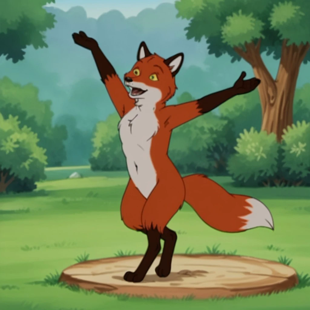 score_9, score_8_up, score_7_up, score_6_up, score_5_up, score_4_up, source_furry, foxfrnkln, semi-anthro, male, fox, red-orange fur, yellow sclera, black eyes, outside, dancing, in a forest