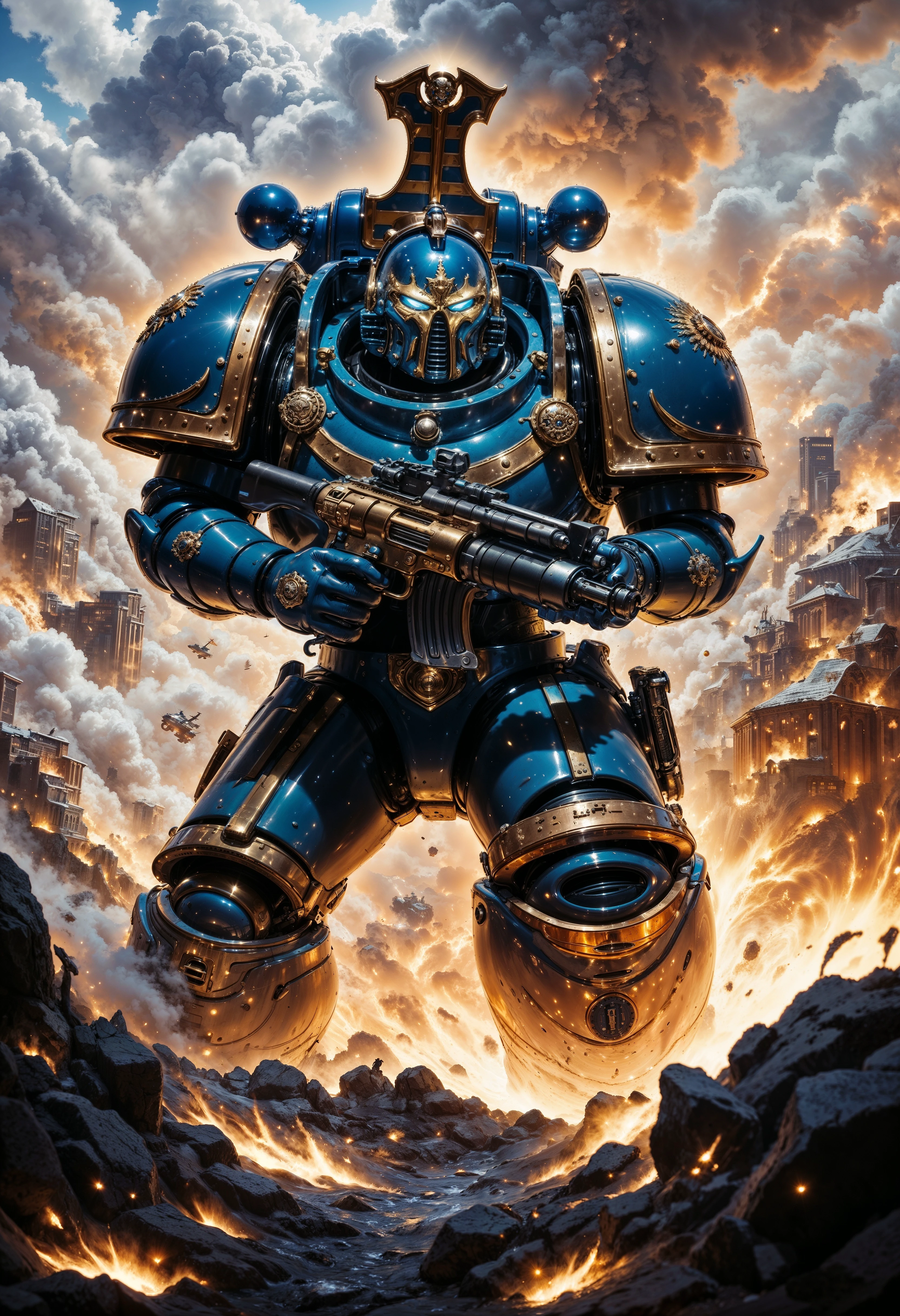 ThouS40k, large space marine jumping from a plane while holding a machine gun, explosions in the background, epic action scene, movie still, <lora:FluxThouS40k:0.8> <lora:aidmaGLOWV4wc:0.5> aidmaGlow <lora:aidmaMJ6.1:0.5> aidmaMJ6.1 <lora:fluxenhancer:0.5>