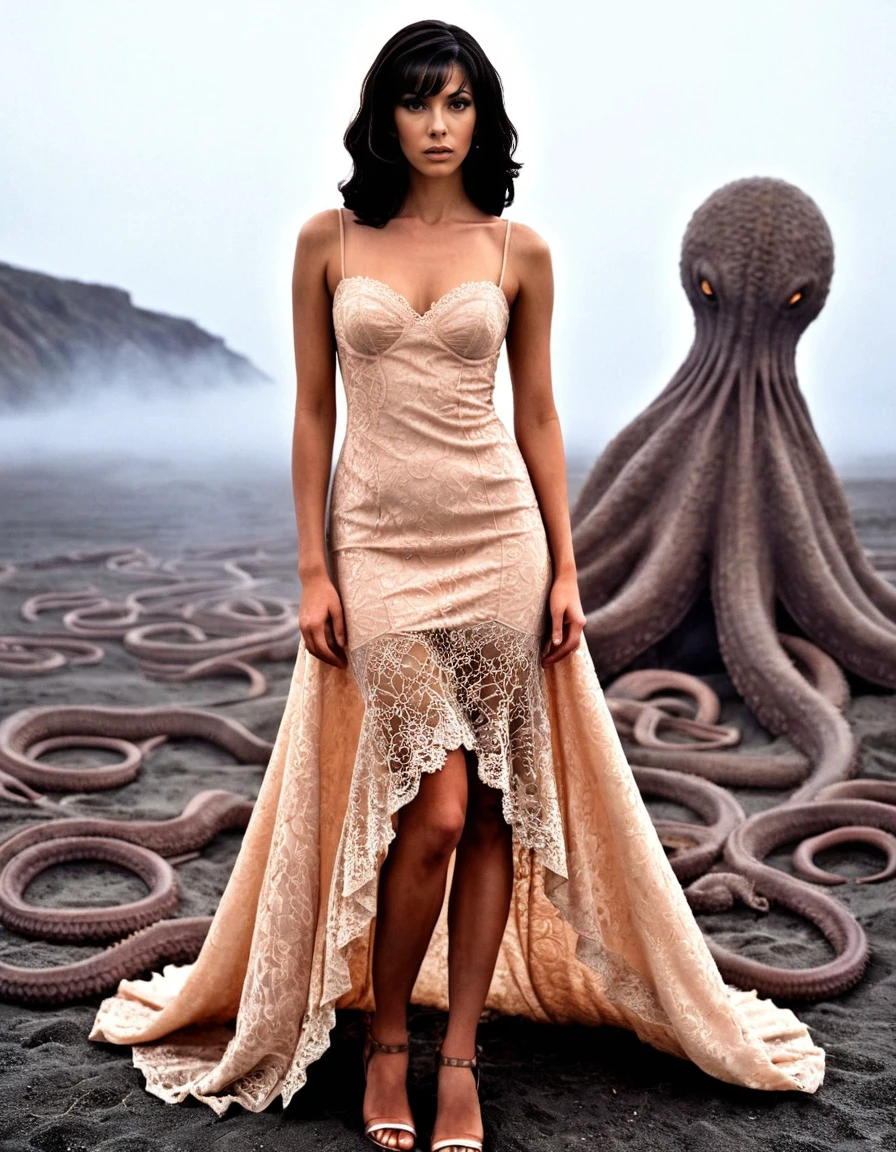 Horror-themed, Lovecraftian eldritch horror Photorealism <lora:tsintikidouSDXL-000008:1>, (full-body photo:1.3) of tsintikidouSDXL woman wearing (intricate:1.1) pale peach lace dress with a sweetheart neckline and delicate lace detailing finished with peach heeled sandals, outdoors in alien environment, (gigantic:1.3) tentacle monster far in the background, mist, perfect face, (perfect brown eyes:1.2), looking at the viewer, imperfect skin, realistic skin texture, skin pores, subsurface scattering, looking at the viewer, Photorealism, often for highly detailed representation, photographic accuracy, or visual illusion.. Unknowable tentacles, cosmic otherworldly menace, maddening for mortal minds to behold, Eerie, unsettling, dark, spooky, suspenseful, grim, highly detailed