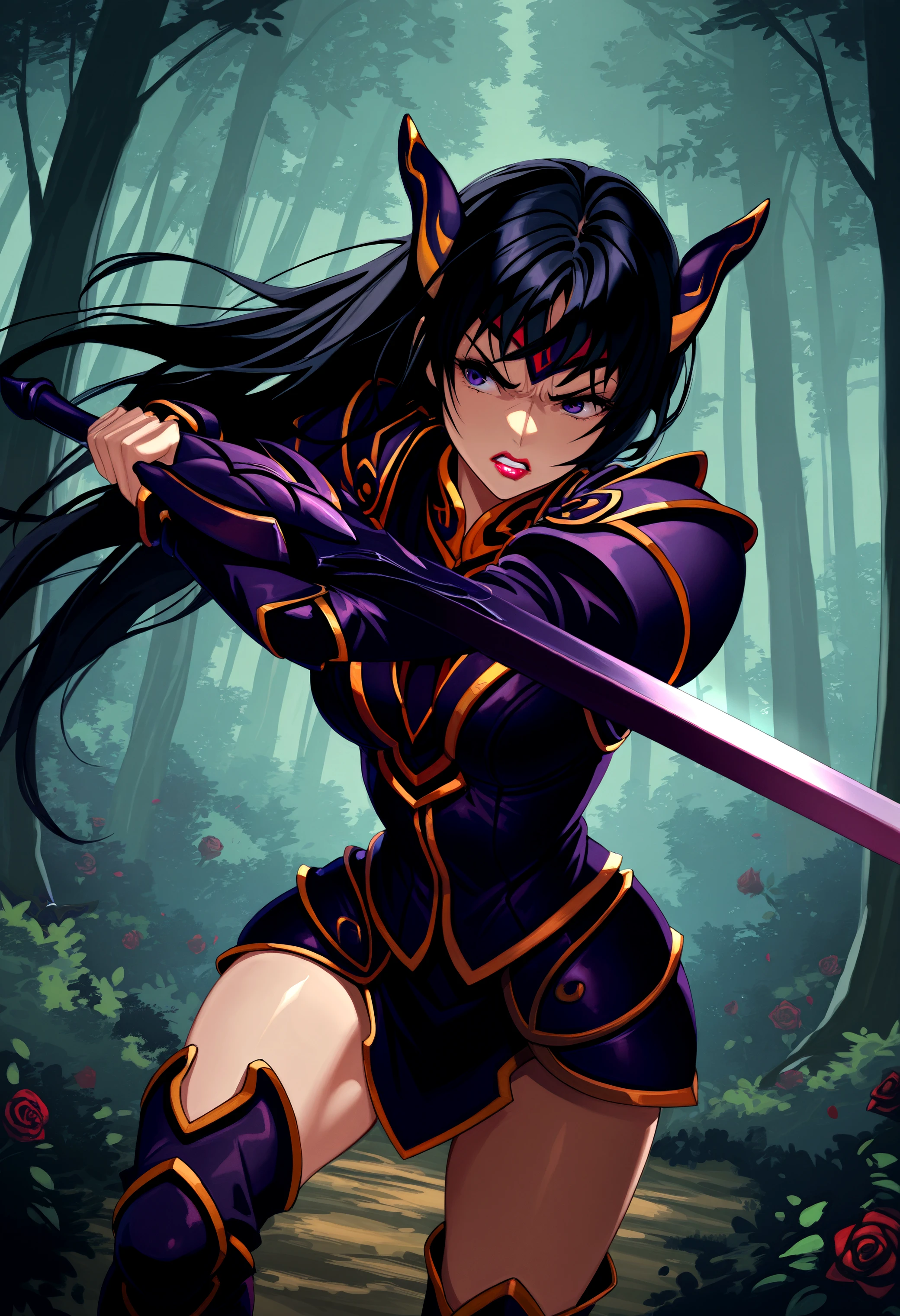 score_9, score_8_up, score_7_up, 8k, masterpiece,  <lora:Rose_The_Legend_of_Dragoon-000003>, Rose_(Dragoon), 1girl, solo, purple armor, black hair, lipstick, purple eyes, horns, long hair, forest, holding sword, incoming attack, angry,