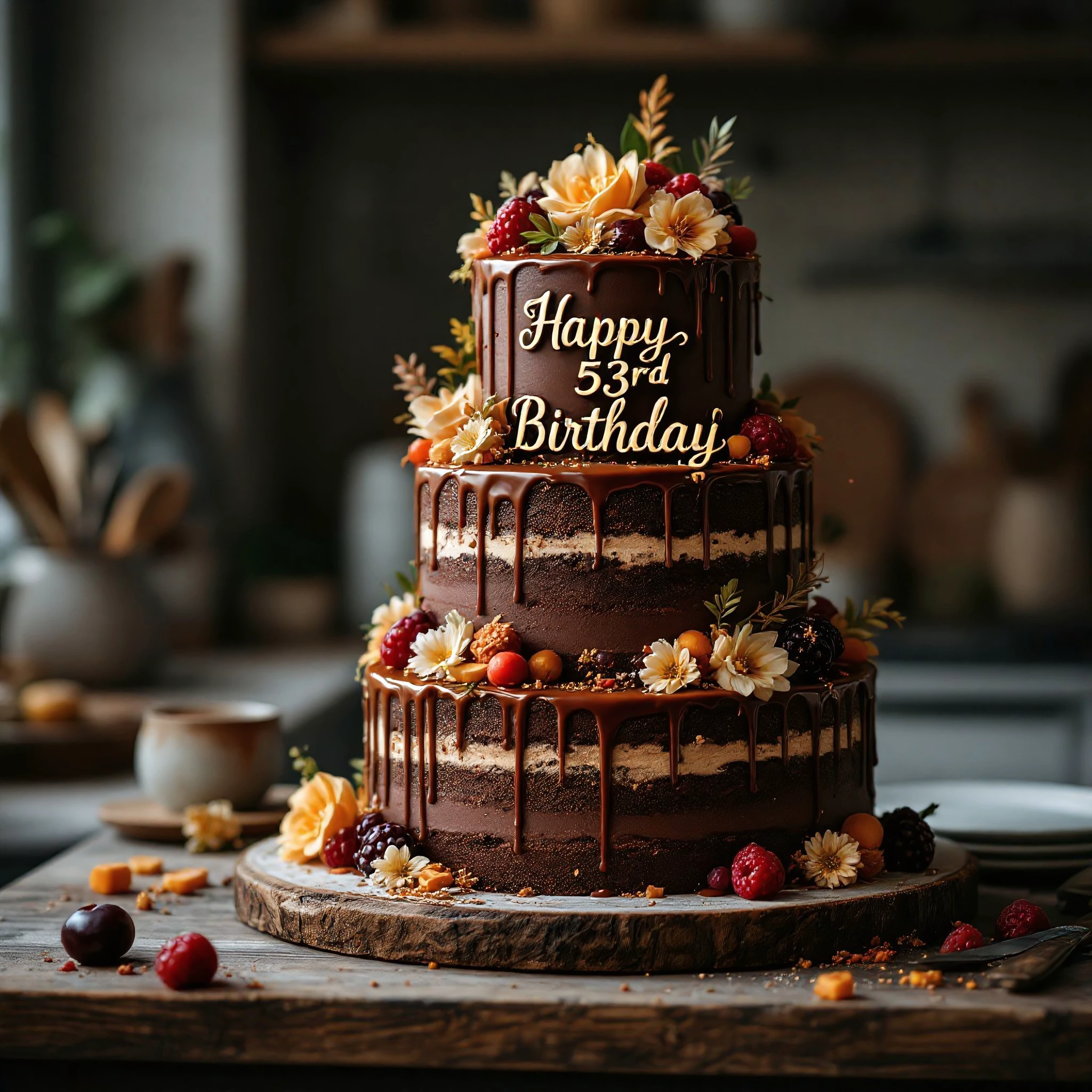 A stunning, gâteau chocolate cake displayed in a studio kitchen environment, exuding elegance and sophistication. The cake is a tall masterpiece, featuring 3 tiers with a seamless blend of textures: glossy, velvety frosting, delicate decorative piping, and subtle drips of caramel cascading down the layers. Each layer is carefully crafted, revealing a soft, spongy texture in places where small slices are cut. The cake is adorned with intricate edible embellishments such as fresh fruits, delicately arranged flowers, and shimmering golden accents that reflect the warm, diffused lighting of the studio. On the top layer, written in elegant, hand-piped creamy script, is the inscription: “Happy 53rd Birthday”, crafted in royal icing, perfectly centered surrounded by intricate textures. The cake is positioned on a rustic wooden kitchen counter, its focus and depth adding naturality to the scene. Surrounding the cake are small details like scattered crumbs, a polished cake server, and softly blurred utensils in the background, creating a cozy, intimate ambiance. The dim studio lighting highlights the intricate details of the cake, with soft, warm glows accentuating the glossy textures and creating delicate shadows for a dramatic yet inviting atmosphere. 