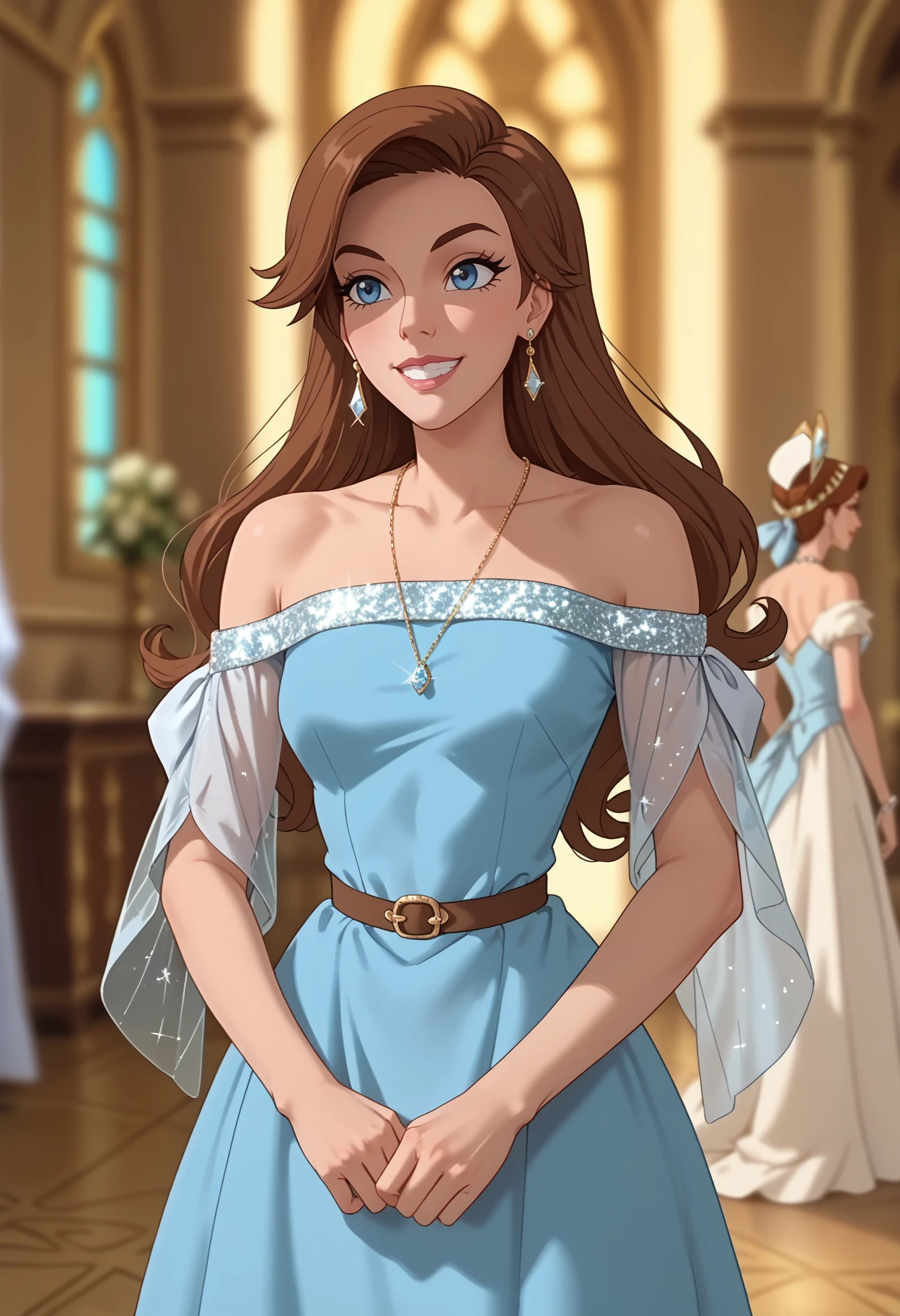 score_9, score_8_up, score_7_up, score_6_up, score_5_up, <lora:NM_anastasia:1>, BREAK NM_anastasia, smile, 1girl, grin, brown hair, blue eyes, long hair, blurry, 1boy, dress, blurry background