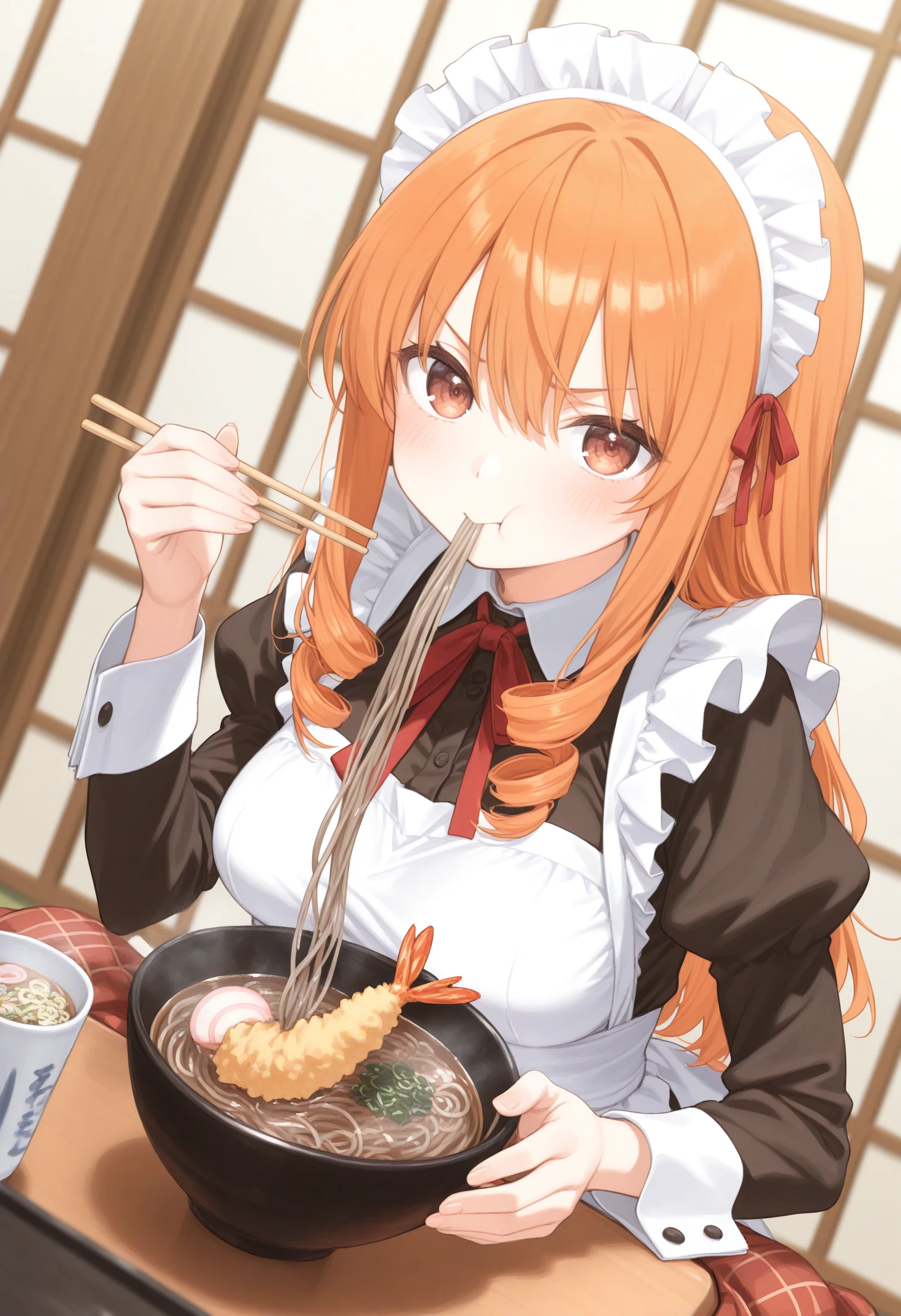 1girl,(sho \(sho lwlw\):0.7),(toosaka asagi:0.5),(sincos:0.3),solo,
masterpiece, best quality, newest, absurdres, CG, anime, source anime, illustration,
maid, maid headdress,medium breasts,
soba, table, eating, kotatsu, noodles, holding chopsticks, bowl, long sleeves, shrimp tempura, steam, kamaboko, food in mouth, hand up,  <lora:soba_Illust_v1:0.8>
dutch angle, cinematic angle, looking at viewer, orange hair, brown eyes,determined, closed mouth, drill hair,