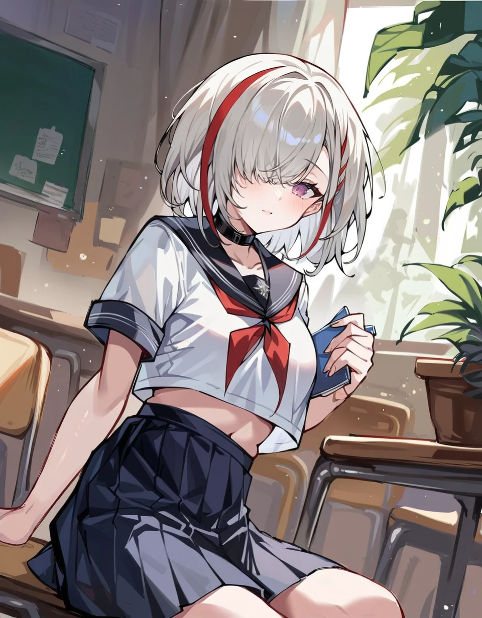 ((best quality)), ((masterpiece)), (detailed), 1girl, anime girl, white hair, 
High school students,Classroom background, black stockings, sexy,4k quality,Vitality girl,red pupils,