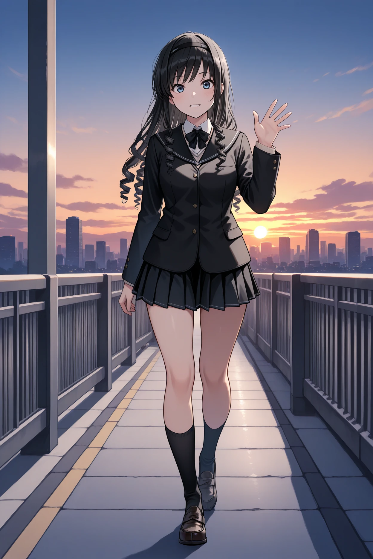 masterpiece, best quality, 1girl, solo, <lora:morishimaharuka-illu-nvwls-v1-000005:1> amaMH, black hair, drill hair, long hair, blue eyes, black hairband, black sailor collar, collared shirt, neck ribbon, black blazer, black bowtie, long sleeves, pleated skirt, black miniskirt, walking, sunset, city skyline, black socks, loafers, waving, wide shot, full body, looking at viewer