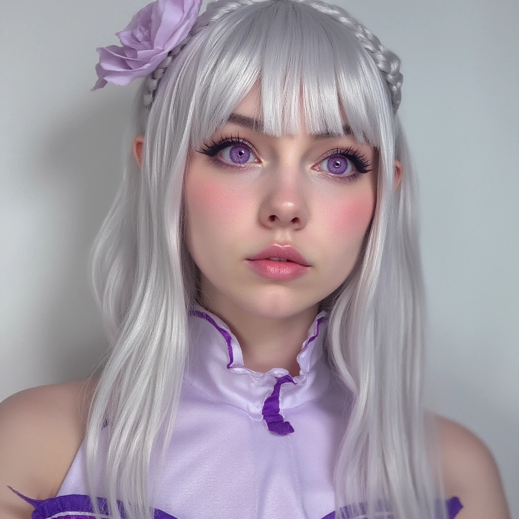 RealEmiliaFlux, purple eye, white hair, <lora:RealEmiliaFlux:1>