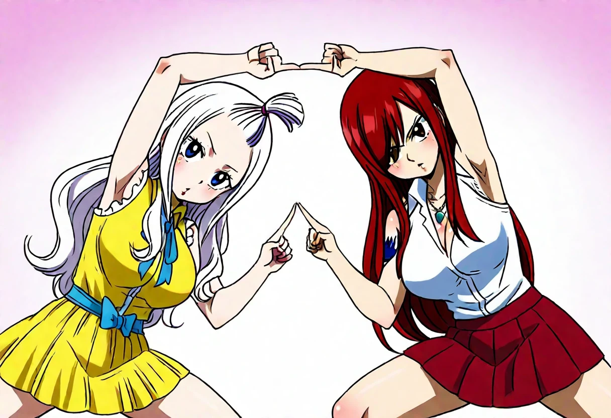 <lora:Fusion_Dance_illustriousXL-000011:1>, fusion dance, fingers together, index finger raised, index finger together, index contact, masterpiece, highres, 
BREAK erza scarlet, erza (fairy tail), long hair, red hair, hair between eyes, brown eyes, skirt, shirt, bow, sleeveless, sleeveless shirt, tattoo, white shirt, frills, 
BREAK mirajane strauss, long hair, blue eyes, white hair, forehead,dress, bare shoulders, jewelry, necklace, red dress, ribbon, pink ribbon,