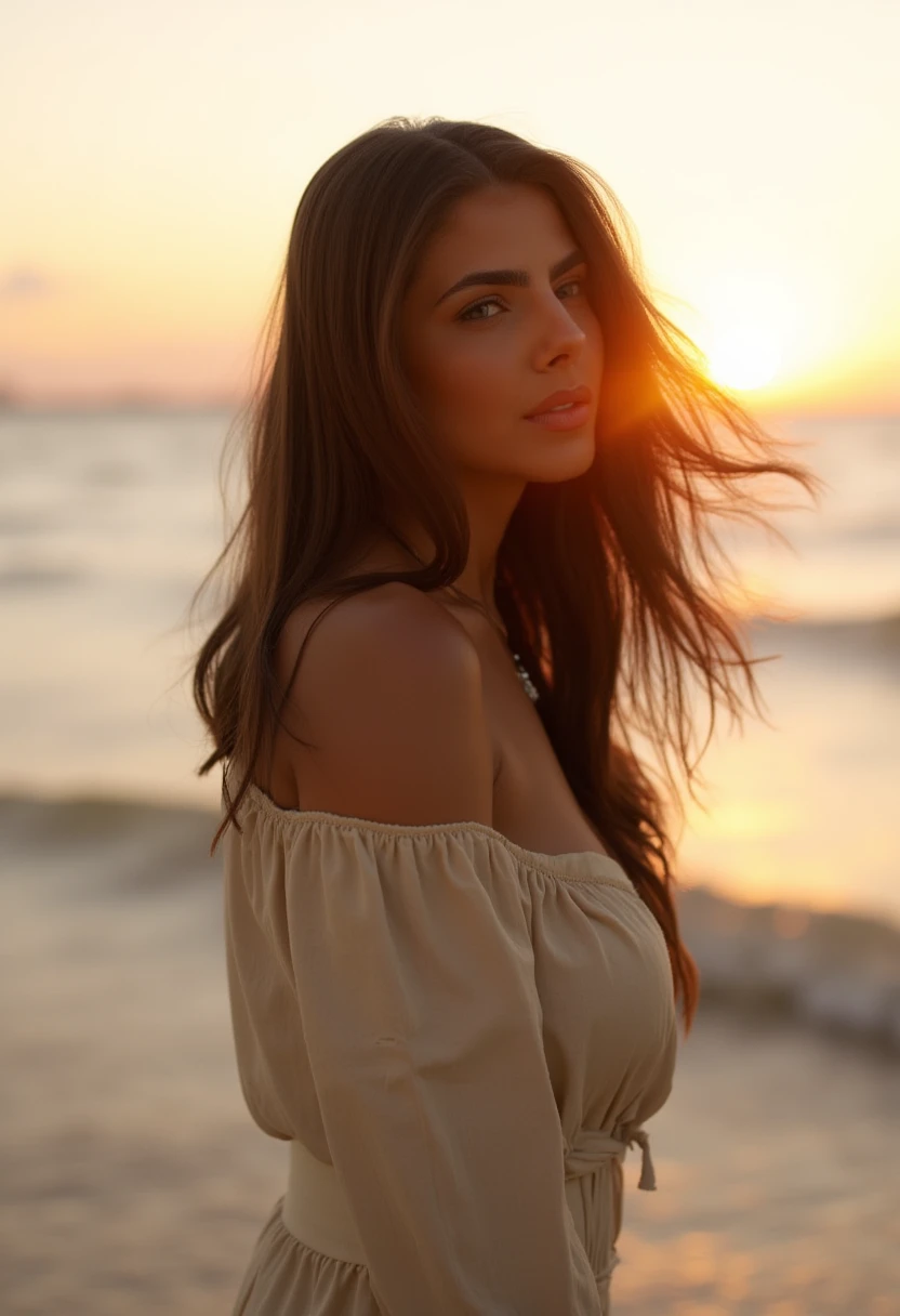 The image is a high-resolution photograph capturing a serene and contemplative moment at sunset. The subject is a young woman with long, flowing, brown hair that appears to be caught in a gentle breeze, creating a dynamic, almost ethereal effect. She is positioned in the center of the image, facing slightly to the right, with her head slightly tilted. Her skin is smooth and lightly tanned, and she has a serene expression. She is wearing a loose, light beige blouse made of a soft, slightly crinkled fabric that enhances the casual, relaxed atmosphere of the scene. The background features a calm, golden-hued ocean with gentle waves reflecting the warm light of the setting sun, which is positioned just above the horizon on the right side of the image. The sky is a gradient of soft oranges and pinks, adding to the tranquil and romantic ambiance. The overall mood of the photograph is peaceful and introspective, with a focus on natural beauty and the calming effect of the sunset. The image is rich in texture, with the hair and fabric of the blouse adding depth and detail to the scene. 0L1V31R4