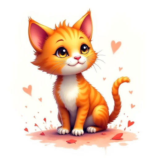 This is a digital drawing of an adorable, cartoon-style orange tabby kitten. The kitten has bright orange fur with darker orange stripes and a white underbelly, chest, and paws. Its eyes are large and expressive, giving it an innocent and curious look. The kitten is sitting upright with its tail curled around its body, and it is gazing upwards with a gentle, slightly tilted head.