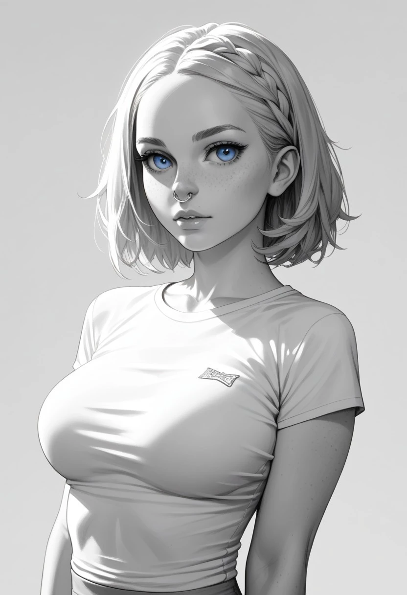 score_9, score_8_up, score_7_up, score_6_up, Busty, porcelain skin, gap-tooth, freckles, tight undersized shirt, monochrome, blue eyes, silver Braided hair, simple background, realistic, short hair, large breasts, nose ring, looking at viewer