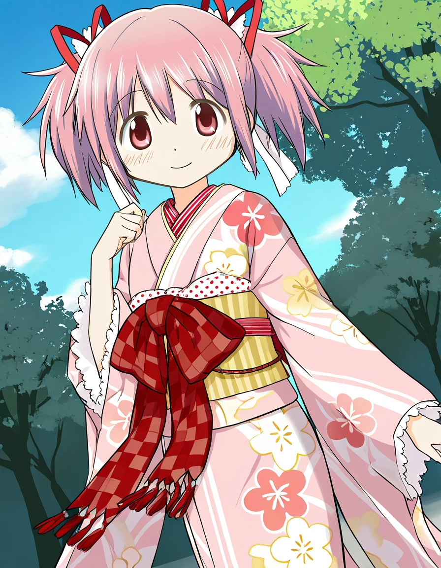 masterpiece, best quality, newest, absurdres, highres, safe, 1girl, kaname madoka \(haregi ver.\), magia record: mahou shoujo madoka magica gaiden, solo, outdoors, dutch angle, <lora:20241222214529_kaname_madoka_noobaiXLNAIXL_vPred10Version:0.7>