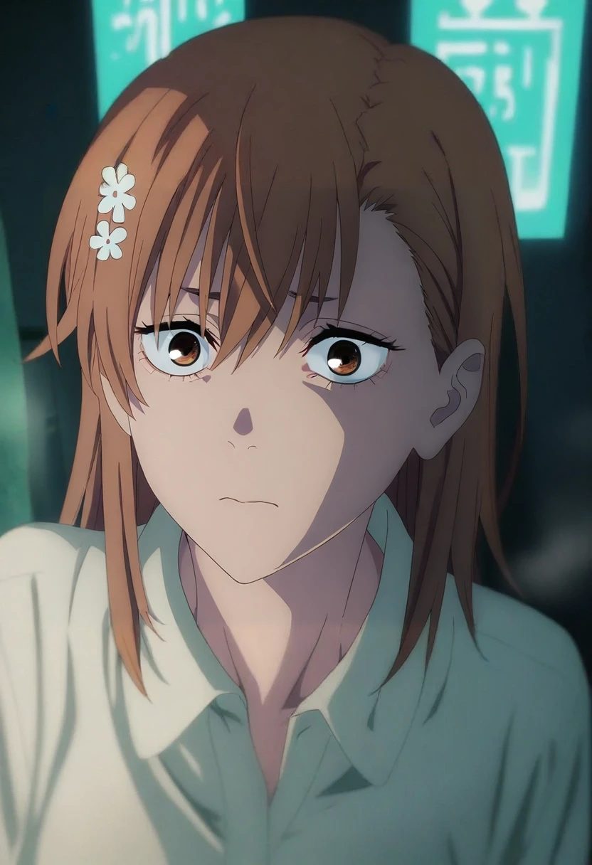 masterpiece, best quality, anime screencap, intricate details, , depth of field, 1girl, misaka mikoto, brown hair, brown eyes, solo, cyberpunk alley, hologram ads, steam vents, neon signs, leaning against wall, cool expression, night, <lora:chainsaw_man_style_ilxl:0.98>, chainsaw_man_style,