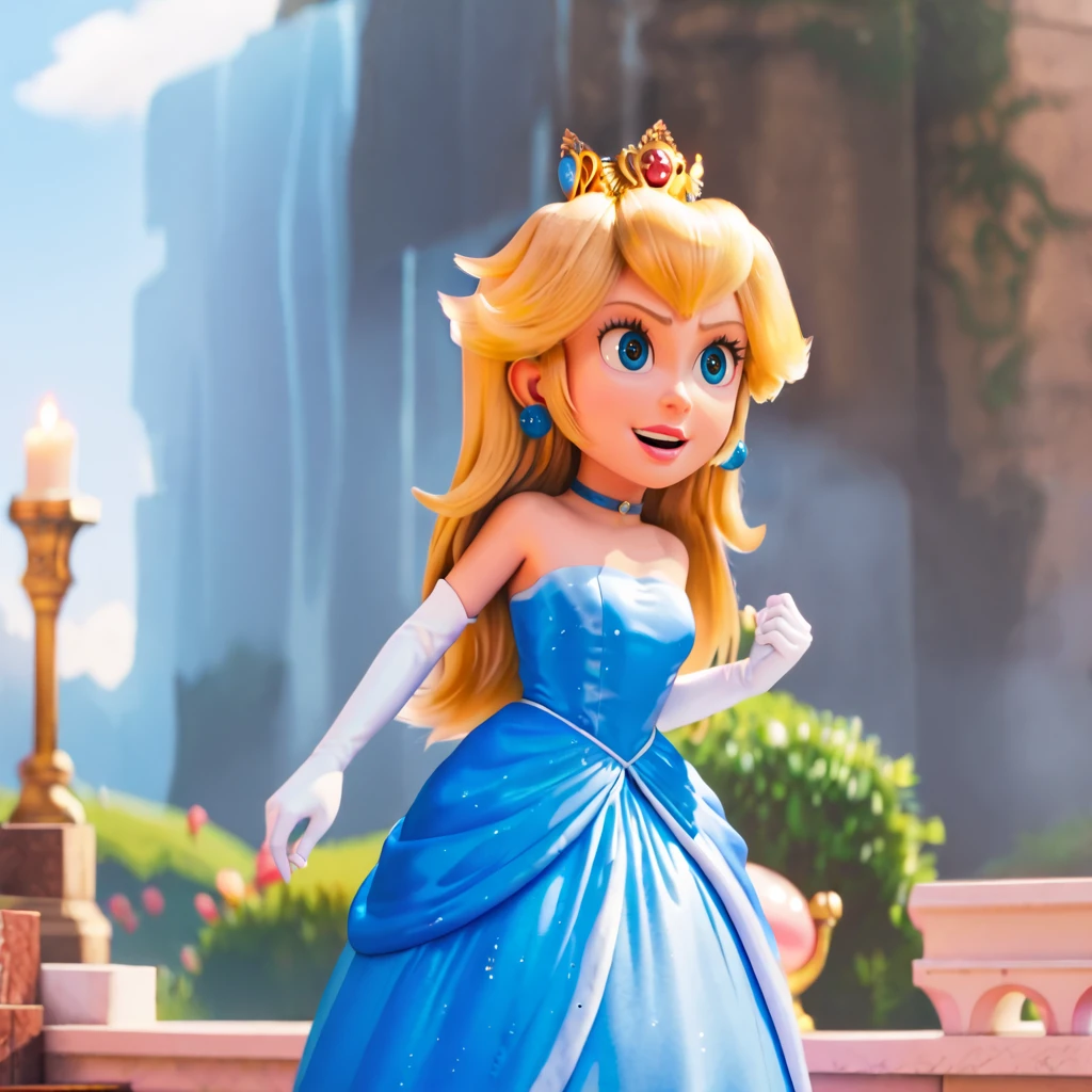 <lora:peachmovie_pony_v1:.8>  PeachBlueDress, 1girl, blonde hair, blue dress, princess peach, elbow gloves, jewelry, blue eyes, long hair, crown, earrings, choker, bare shoulders, white gloves, strapless dress