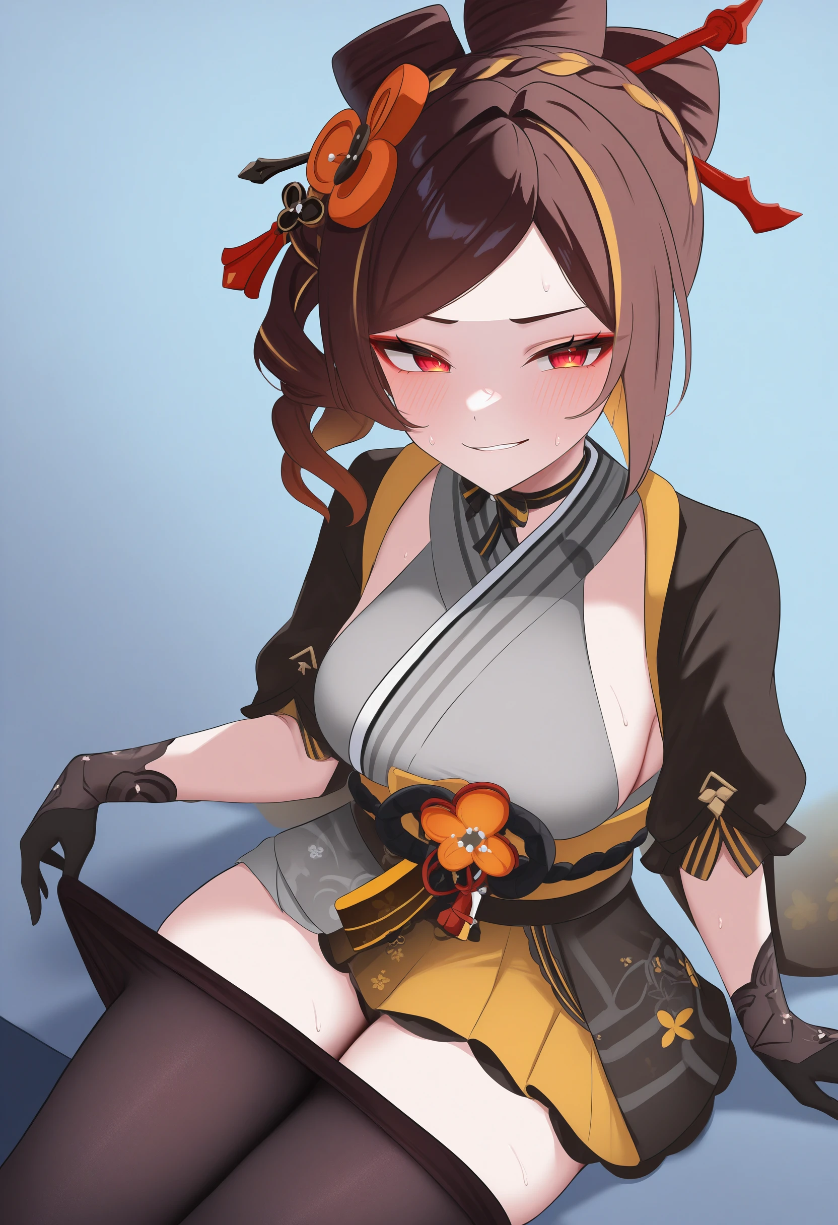 masterpiece, best quality, newest, absurdres, highres, solo, 
<lora:wrenchGIChiorillu:1>, wrnchgichiori, multicolored hair, brown hair, blonde hair, red eyes, long hair, ponytail, medium breasts, 
hair ornament, hair stick, 
kimono, black pantyhose, black gloves, sash, obi, yellow skirt, grey kimono, short sleeves, wide sleeves, pantyhose pull, sweat, sitting, smirk, holding pantyhose,