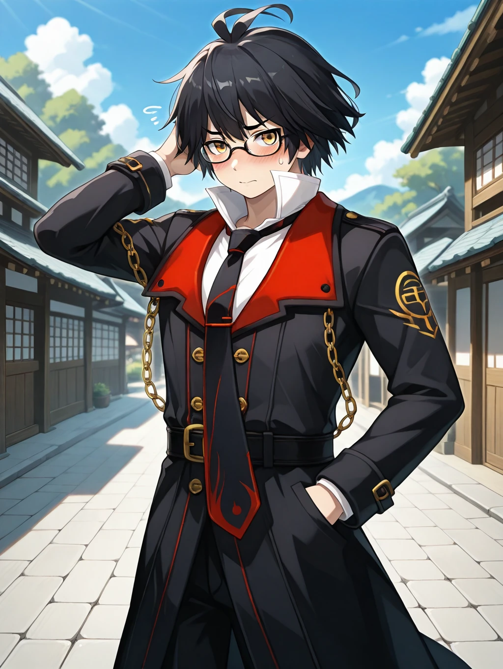 1boy, solo, Nero, short hair, black hair messy hair, double ahoge, antenna hair, yellow eyes, glasses, black jacket, trenchcoat, black clothes, red clothes, white shirt, black and red necktie, red_details_on_jacket, chain on clothes, 

outdoors, japanese village, cowboy shot, scratching head, nervous, blush,

masterpiece, best quality,amazing quality, very aesthetic, absurdres, depth of field, blurry background, extremely detailed face, detailed eyes