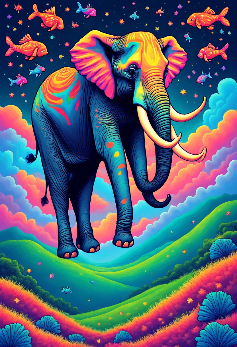 PsychadelicPopSurrealism, PsychedelicPopSurrealism an elephant standing atop a lush green hillside, surrounded by a vibrant sky filled with stars and clouds, and a variety of colorful fish swimming around it.