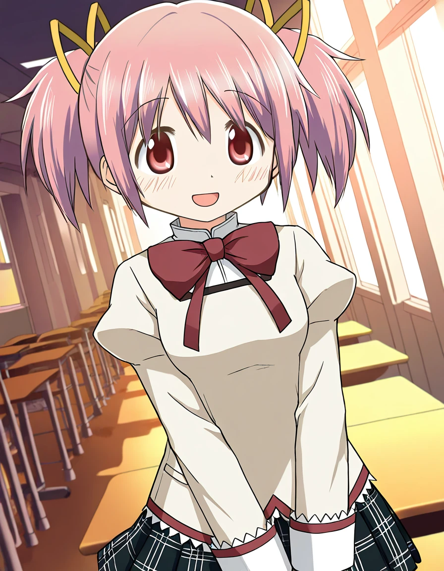 masterpiece, best quality, newest, absurdres, highres, safe, 1girl, kaname madoka \(school uniform\), magia record: mahou shoujo madoka magica gaiden, solo, yellow hair ribbon, blush, smile, open mouth, classroom corridor, dusk, dutch angle, <lora:20241222214529_kaname_madoka_noobaiXLNAIXL_vPred10Version:0.7>