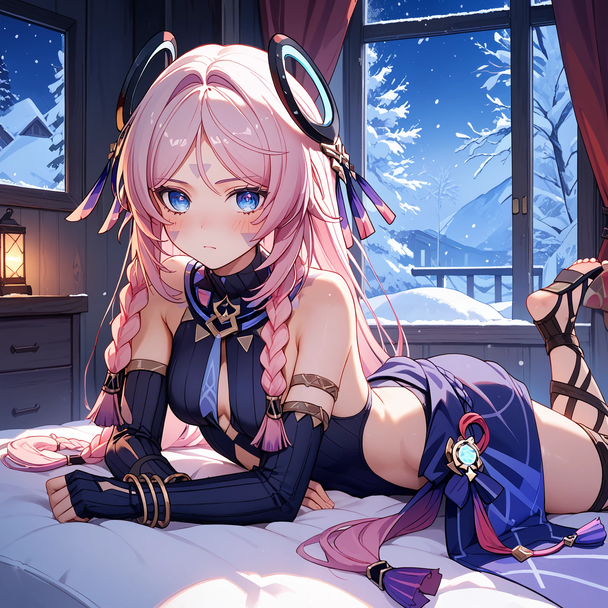 score_9, score_8_up, score_7_up, score_6_up, BREAK source_anime, look at viewer, 1girl, solo, window, snow, bedroom, on bed, on stomach, night, blush, masterpiece, best quality, high detailed skin,  citlali \(genshin impact\), pink hair, long hair, twin braids, blue eyes, hair ornament, facial tattoo, headgear, black leotard, covered navel, waist cape, detached sleeves, partially fingerless gloves, bracelet, gladiator sandals,