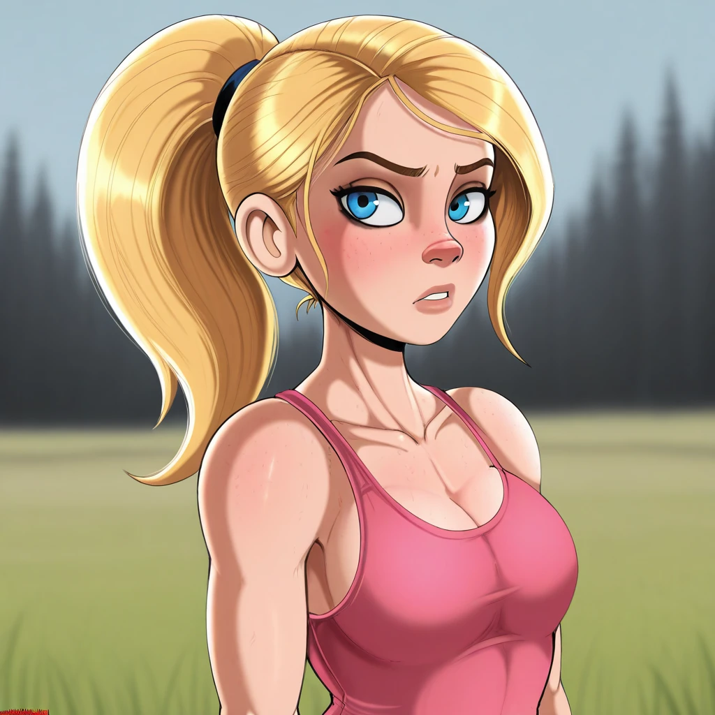 masterpiece, best quality, Shadman_Style, 1girl, solo, blonde hair, ponytail, blue eyes, pink tank top, upper body,  <lora:ShadmanStyle_illustrious_Leaf4:1>, arms at sides, looking at viewer, depth of field,