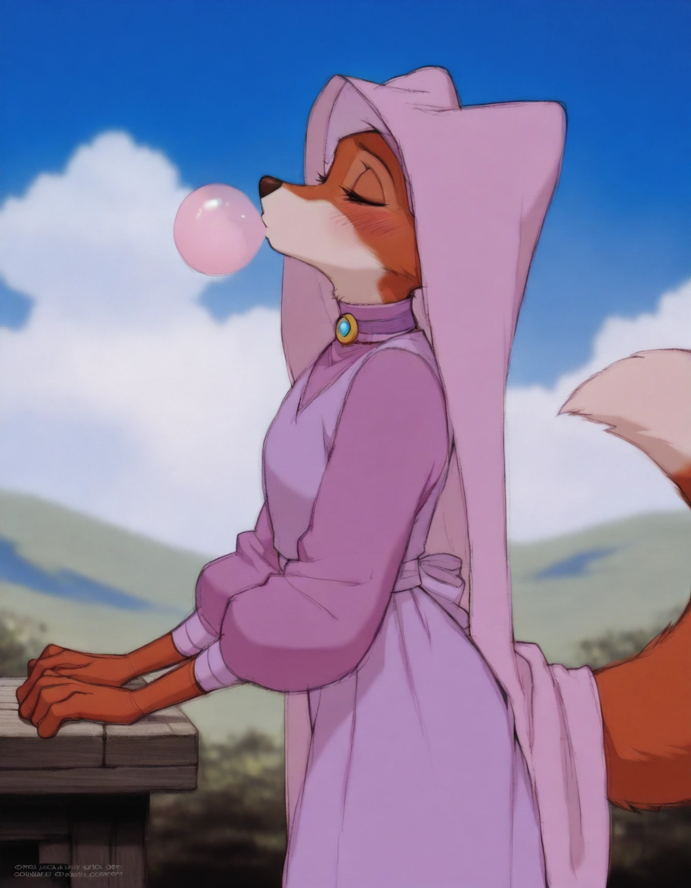 Maid_Marian, solo, pink dress, red fur skin, orange paws, red eyes, fox tail, furry, fox, masterpiece, best quality, good quality, bubble blowing, closed eyes, chewing gum, cloud, sky, blurry, from side, outdoors, blush, blue sky, bubble, day, profile, depth of field, blurry foreground, blurry background,
 <lora:Maid_Marian_illustriousXL:0.8>