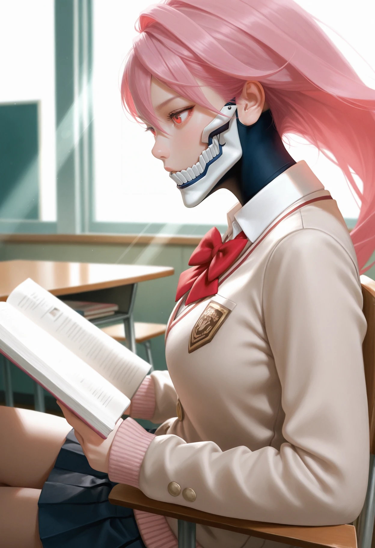 masterpiece, best quality, realistic,
 <lora:Aira Dandadan [IL]:0.8> 1girl, aira, pink hair, red eyes, mask, white mouth mask, long hair   ||1.  school uniform, red bow tie, pleated skirt,
school, tables, sits, reading books, light ray, head focus, chair, from side,