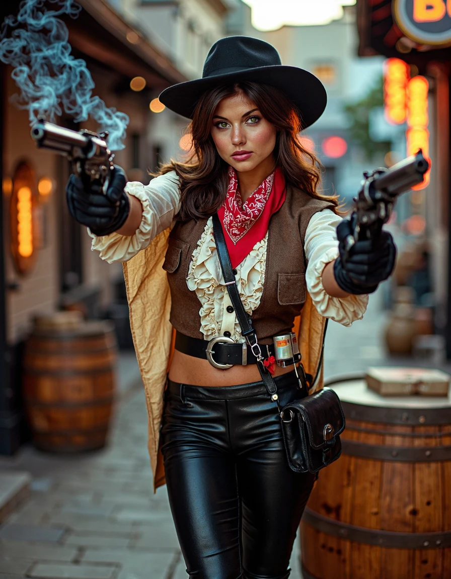 high fashion photo of TiffaniAmberThiessen, she is a beautiful brunette cowgirl, she wears leather pants, a button up ruffle shirt, a cotton poncho, black boots, gloves, red bandana around her neck, vest, black cowboy hat, holster, stick of dynamite on her belt, satchel, outfit styled by Alexander McQueen, she aims a revolver in each of her hand, with a determined look on her face, she stands one foot in and one foot out of the town saloon, smoke rises from the barrels of both her revolvers, a western scene at sundown, barrels, boxes
sharp focus, full sharp