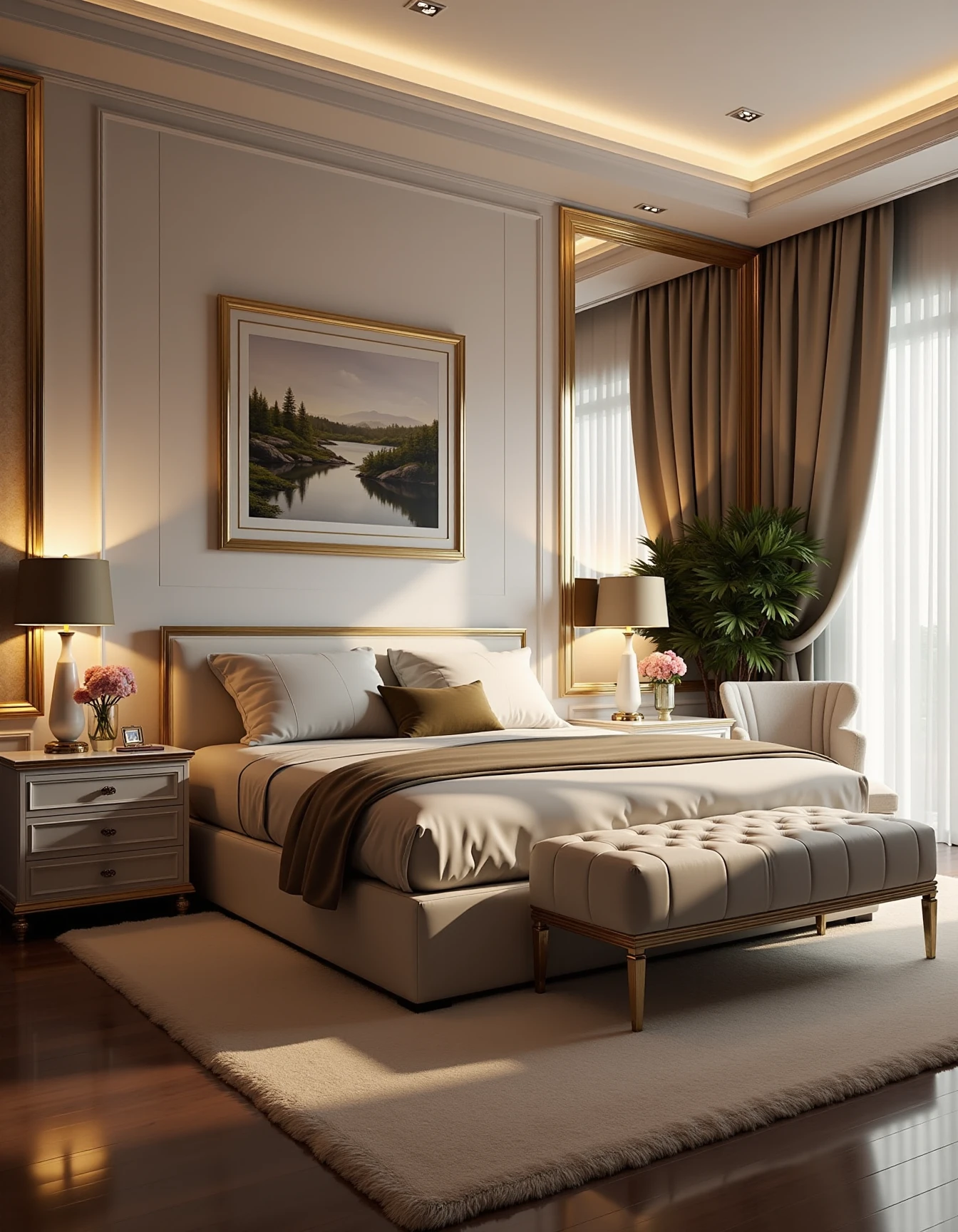 <lora:JJsLuxuryBedroom_Flux:1>  ((Luxury Bedroom))  , ((best quality)),((masterpiece)),((realistic)), photorealistic, chair , authentic, soft lighting,indoor scenery, reflection ,wall ,rug , lamp, flower, vase , chair ,ceiling , plant, window ,curtain  ,couch, gold, dramatic lighting,