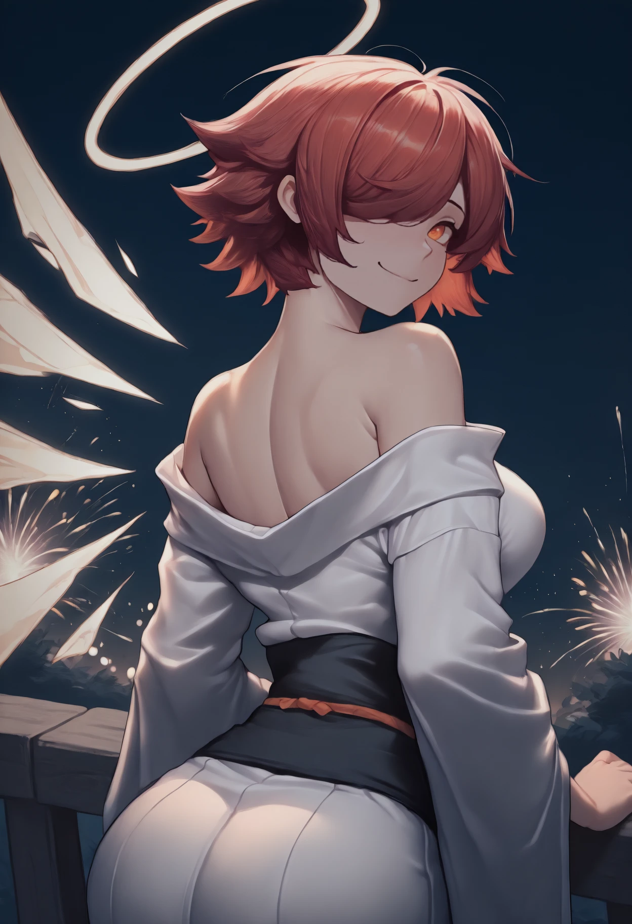 masterpiece, best quality, from behind, solo, 1girl, exidef, detached wings, energy wings, smile, looking back, short hair, red hair, hair over one eye, halo, orange eyes, japanese clothes, white kimono, off shoulder, black sash, bare shoulders, outdoors, night, fireworks
<segment:yolo-Anzhc Face seg 640 v2 y8n.pt,0.4,0.5//cid=1>