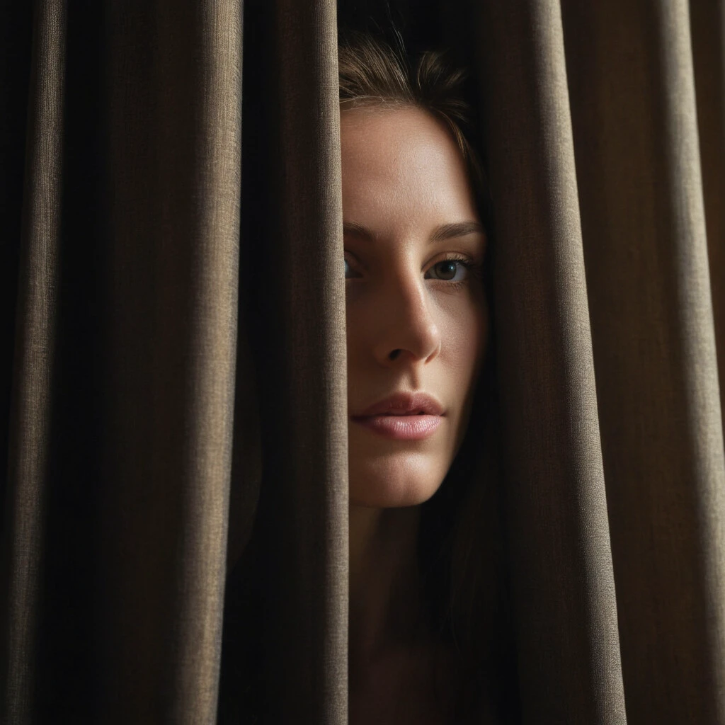 RAW photo, woman peeking from behind curtains, colorful details, award winning, high detailed, 8k, natural lighting, analog film, detailed skin, amazing composition, intricate details, subsurface scattering, velus hairs, amazing textures, filmic, chiaroscuro, soft light