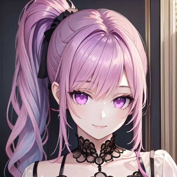 realistic, aesthetic, intricate, masterpiece, cute, 1 girl, solo, pastel purple hair, pink eyes, mega side ponytail, long hair, smile, <lora:n15g_aio_hairstyles-1.0:0.8>